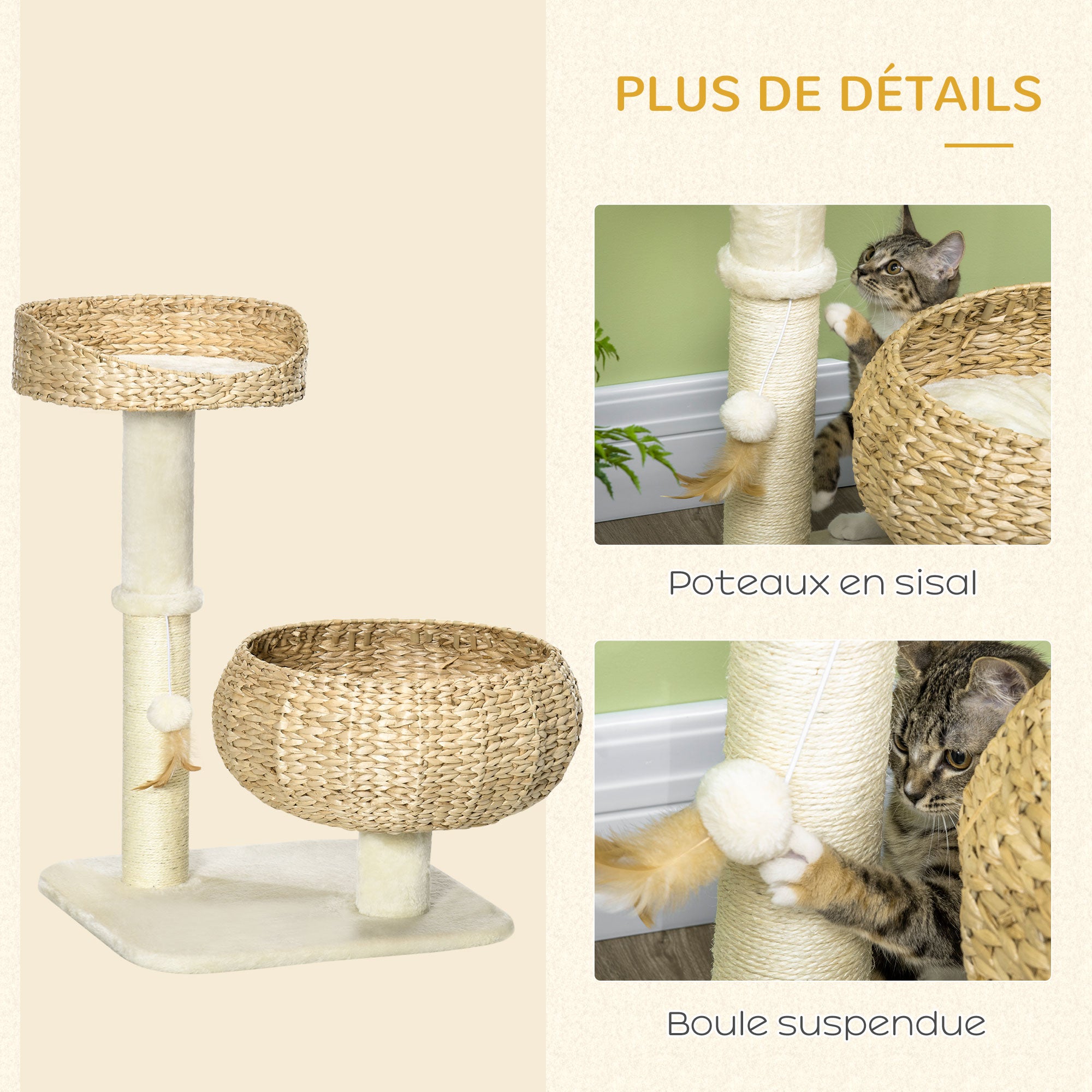Cat Scratching Tree 2-Level Height 72 cm Sisal Post with Hideaway and Platform 1 Suspended Ball Beige