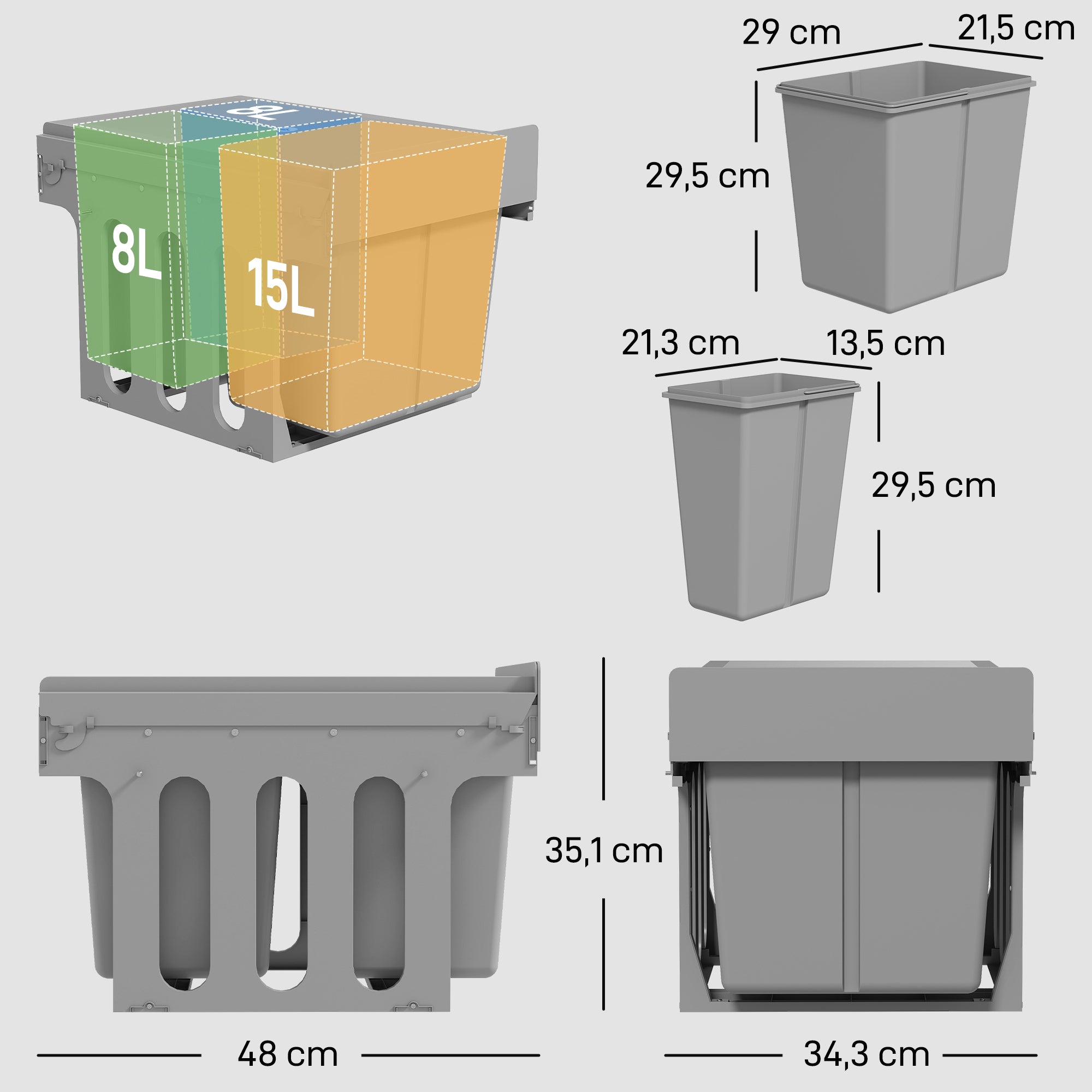Under-Sink Pull-Out Trash Bin, 3 Removable Recycling Bins (15L + 8L + 8L), Bottom-Mount, Light Gray