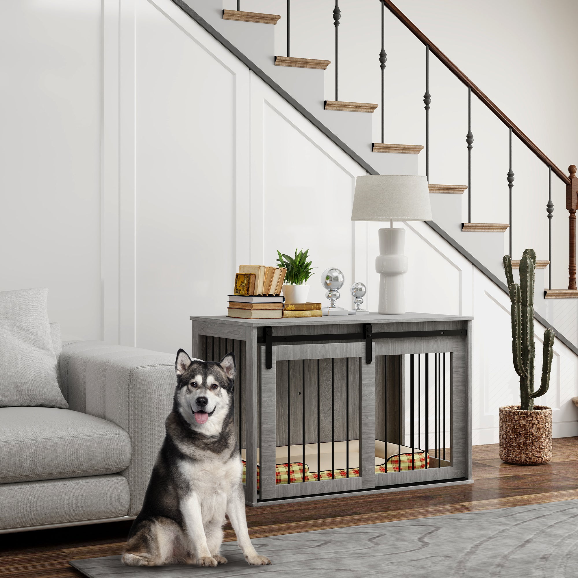 Dog Crate for Home, Lockable Dog House with Entrance, Dog Crate with Sliding Door, Dog House for Large Dogs Under 30 kg, Gray, 98 x 58 x 61 cm