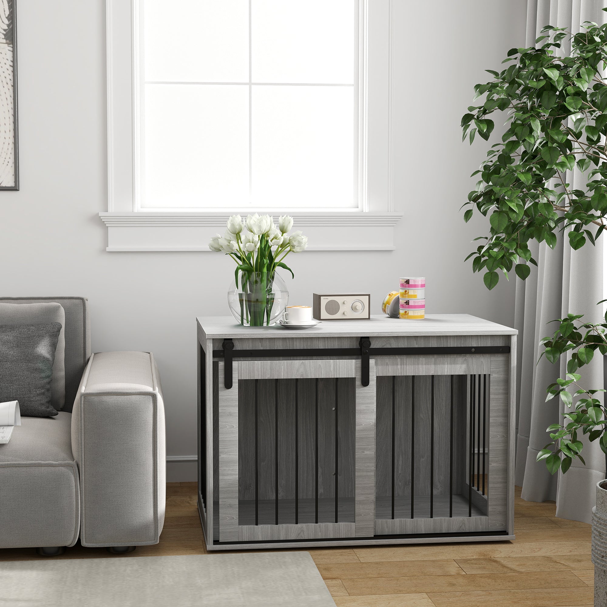 Dog Crate for Home, Lockable Dog House with Entrance, Dog Crate with Sliding Door, Dog House for Large Dogs Under 30 kg, Gray, 98 x 58 x 61 cm