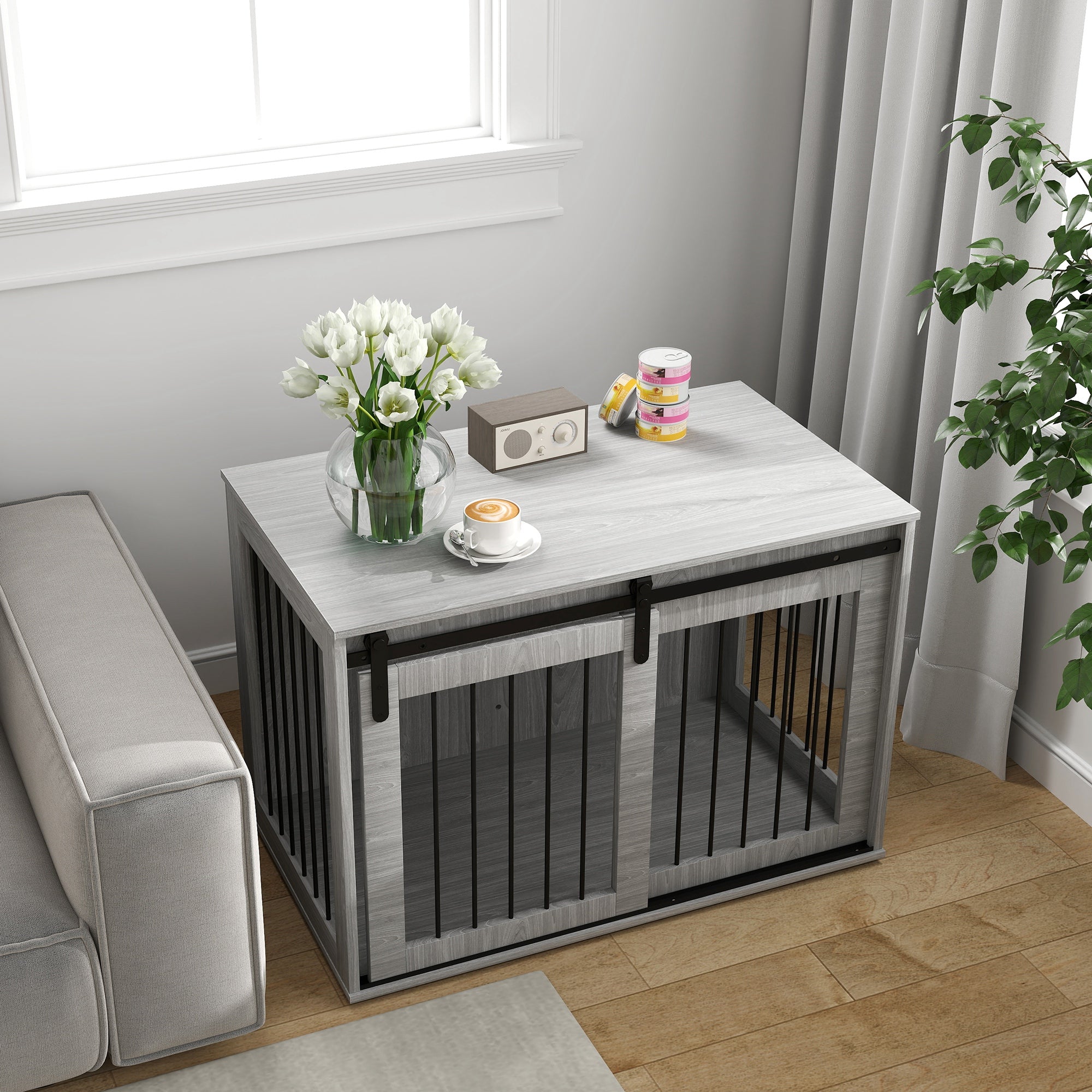 Dog Crate for Home, Lockable Dog House with Entrance, Dog Crate with Sliding Door, Dog House for Large Dogs Under 30 kg, Gray, 98 x 58 x 61 cm