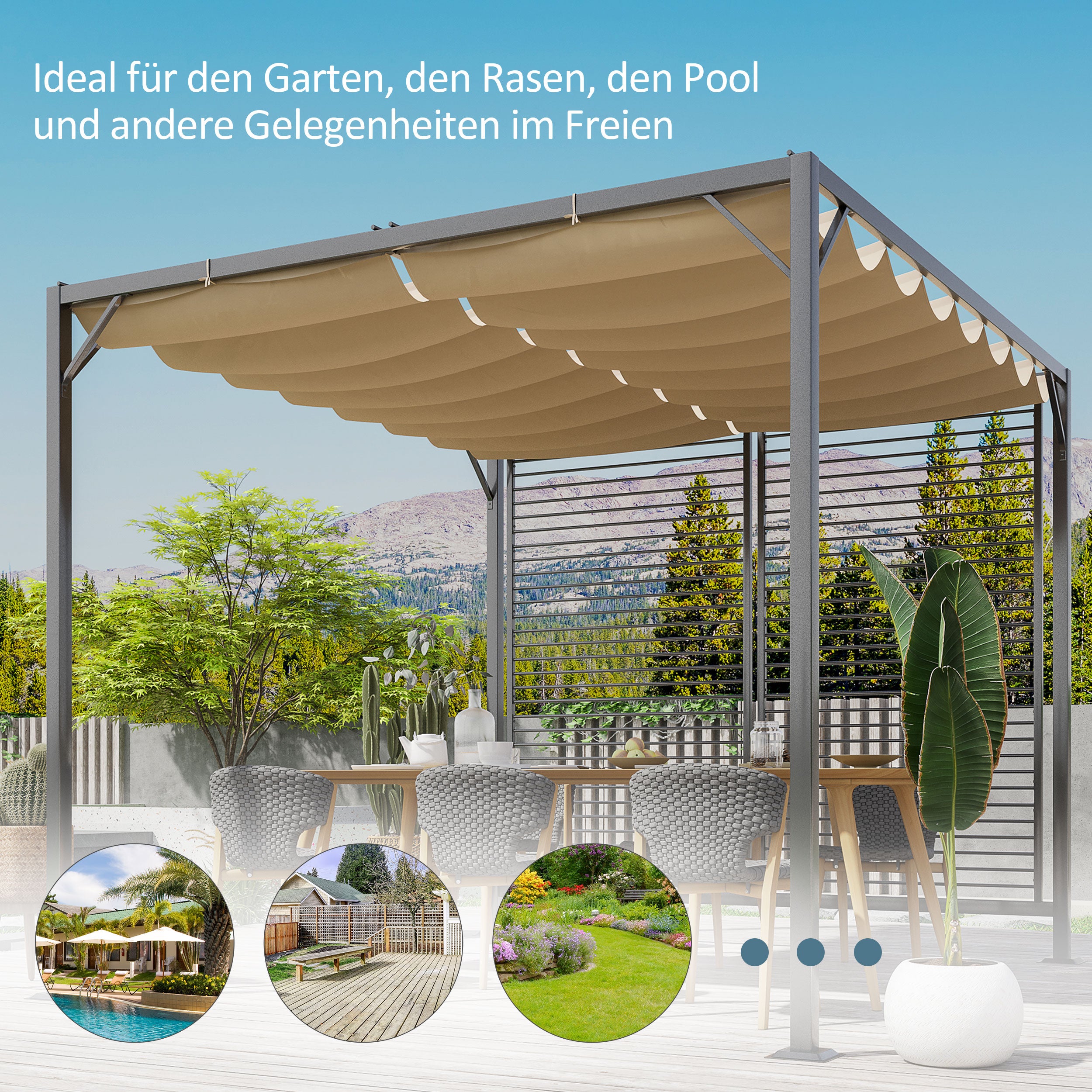 Pavilion, Pergola with Adjustable Fabric Roof, Party Tent, Canopy, Polyester, Beige, 300 x 280 x 238 cm