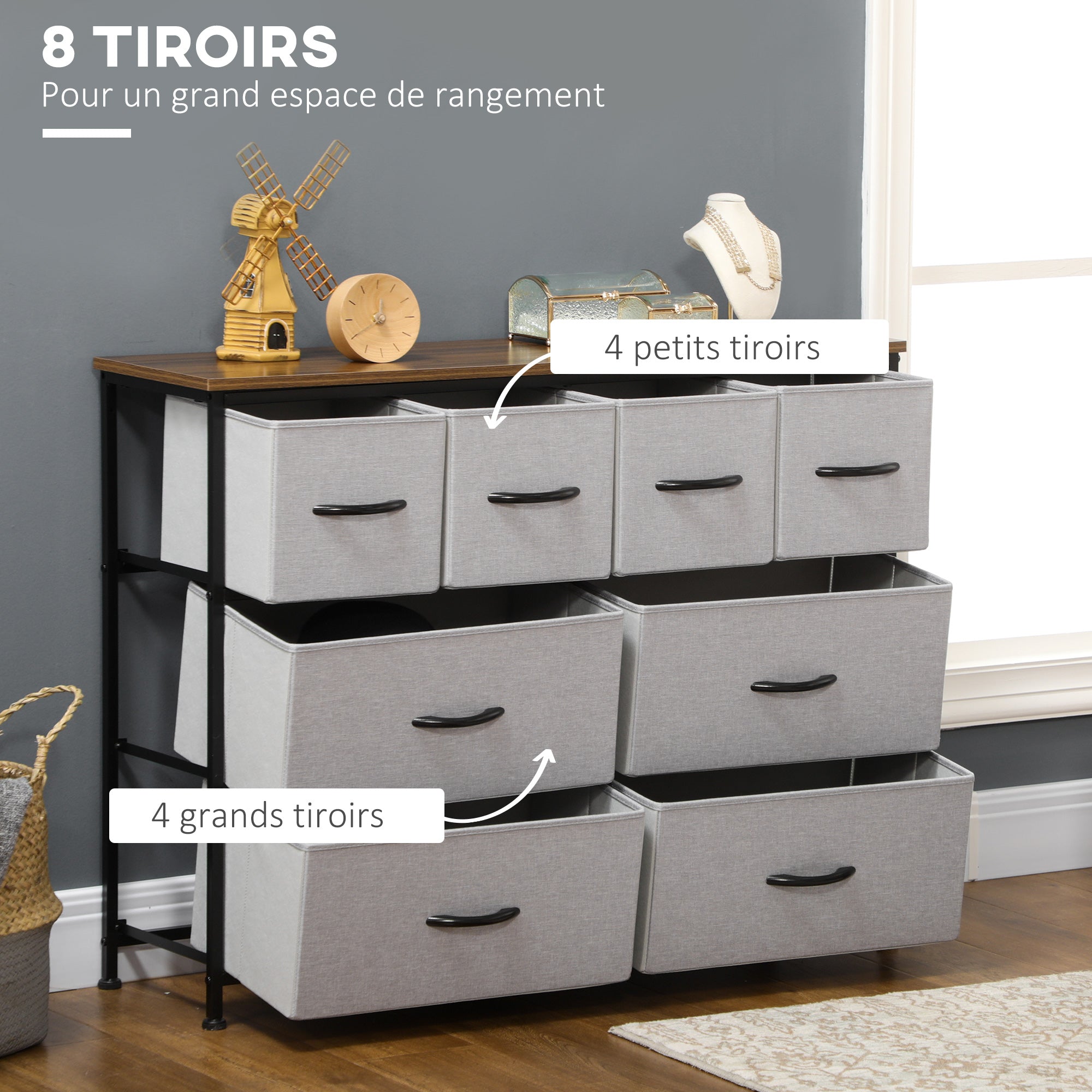 8-Drawer Chest of Drawers, Folding Fabric Drawer Storage Unit - Black Steel Frame - 100 x 30 x 78 cm