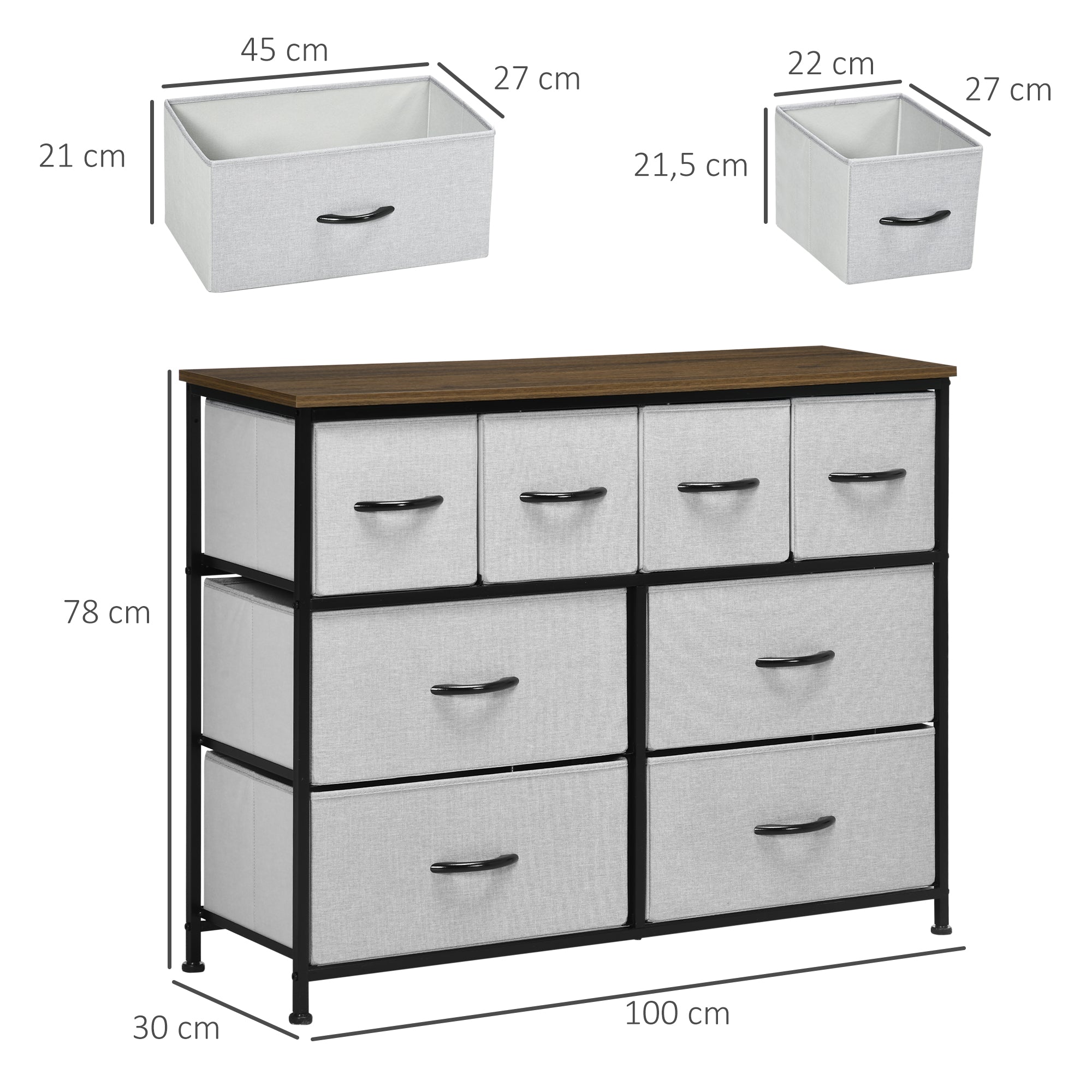 8-Drawer Chest of Drawers, Folding Fabric Drawer Storage Unit - Black Steel Frame - 100 x 30 x 78 cm