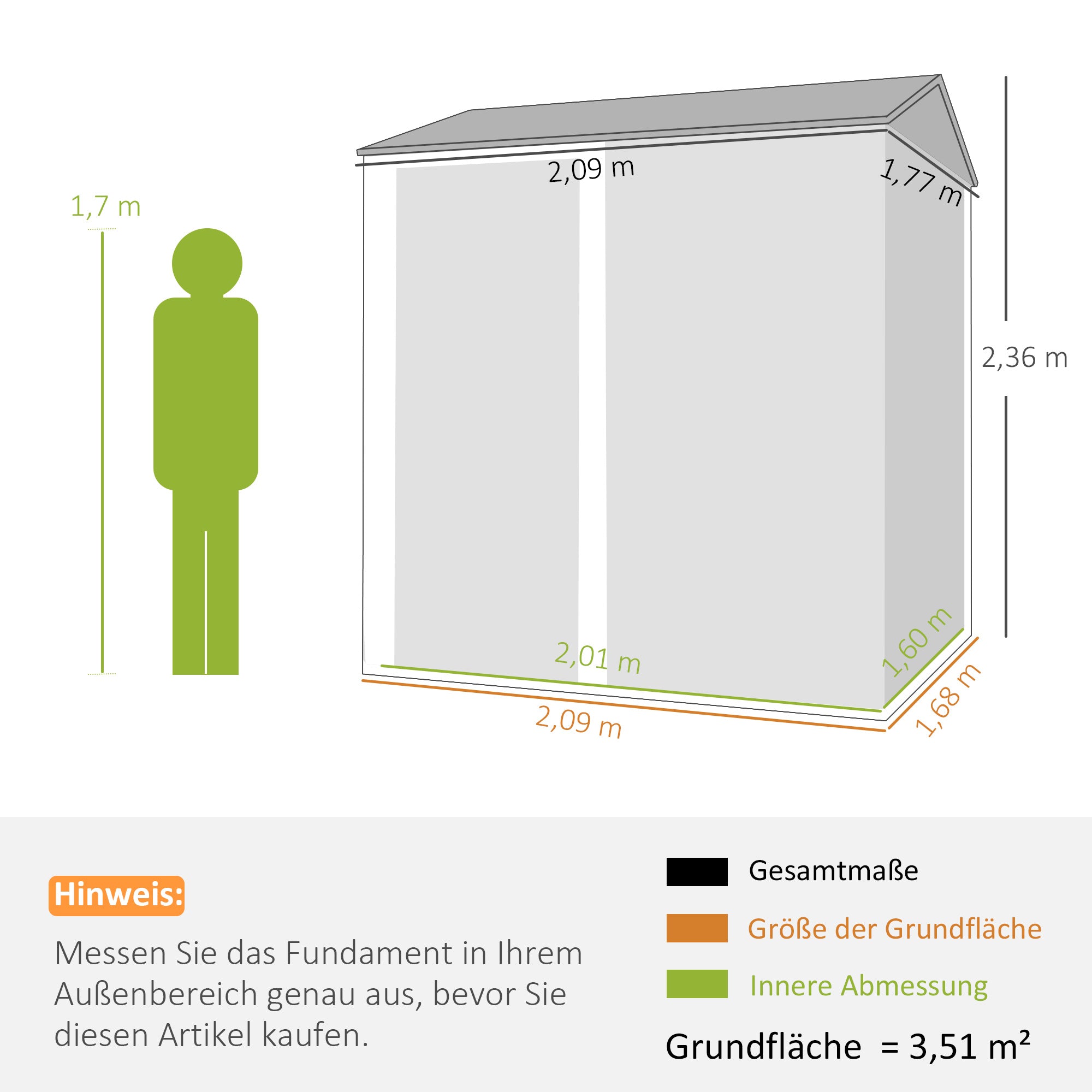 Metal Tool Shed 3.5 m² – Tall Lockable Garden Shed with Gable Roof, Vents & Gloves Included, 209 x 177 x 236 cm, Light Gray