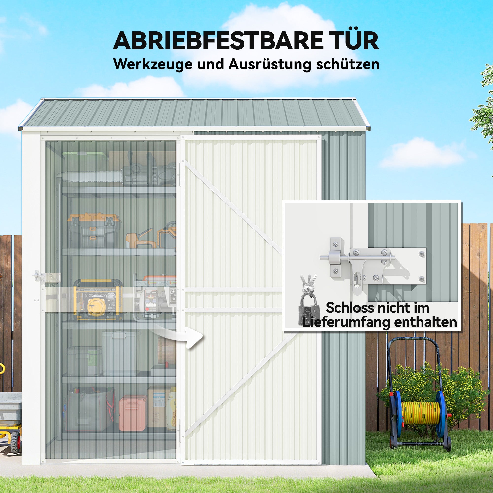Metal Tool Shed 3.5 m² – Tall Lockable Garden Shed with Gable Roof, Vents & Gloves Included, 209 x 177 x 236 cm, Light Gray