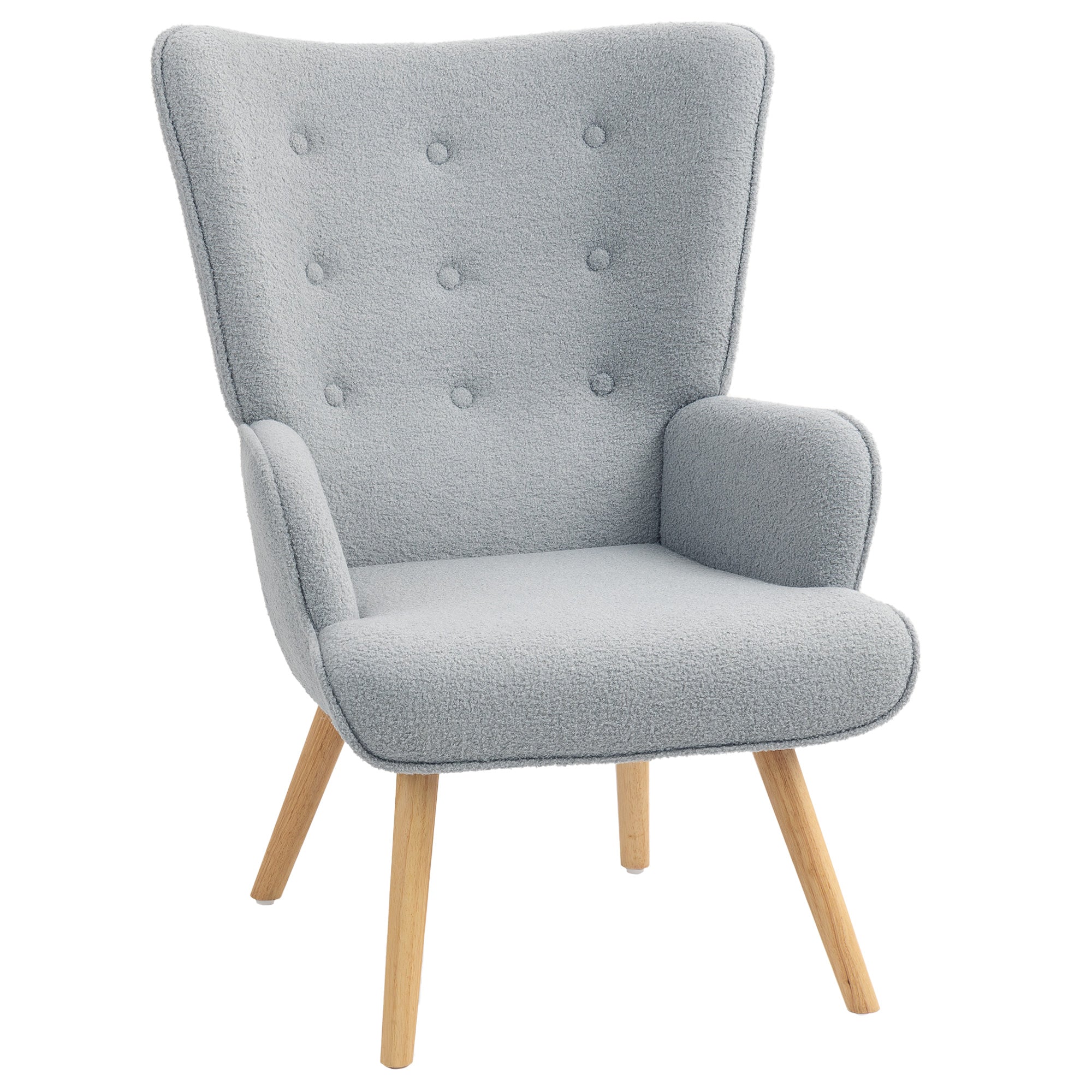 Boucle Fabric Lounge Chair, Modern Upholstered Armchair with Wooden Legs, Ergonomic Backrest and Armrests, for Dining Room, Living Room, Bedroom, Office, Light Gray