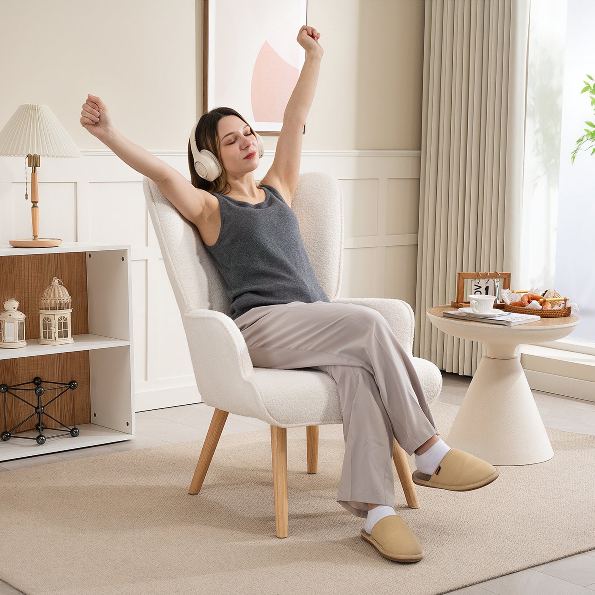 Boucle Fabric Lounge Chair, Modern Upholstered Armchair with Wooden Legs, Ergonomic Backrest and Armrests, for Dining Room, Living Room, Bedroom, Office, Light Gray