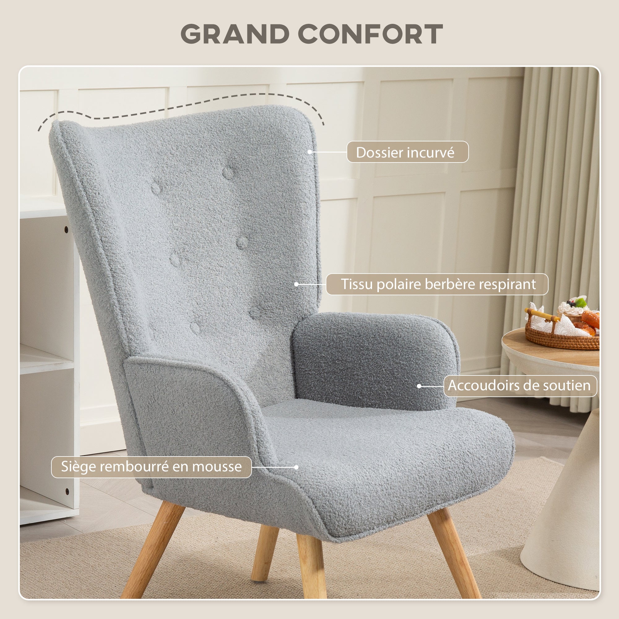 Boucle Fabric Lounge Chair, Modern Upholstered Armchair with Wooden Legs, Ergonomic Backrest and Armrests, for Dining Room, Living Room, Bedroom, Office, Light Gray