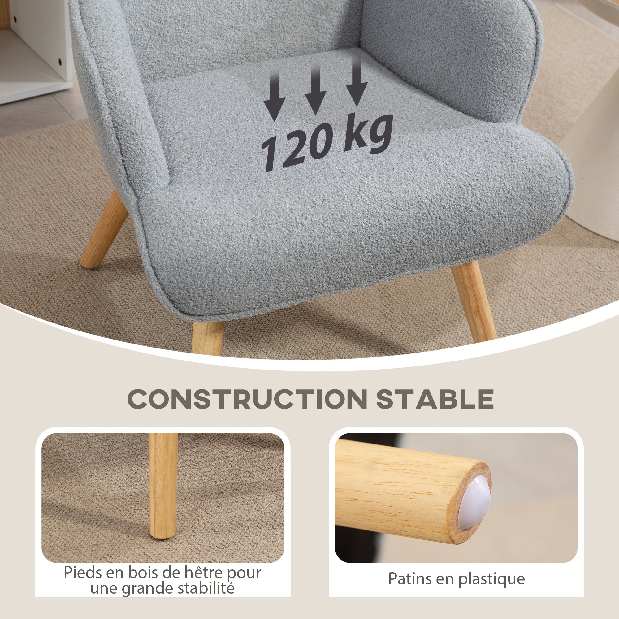 Boucle Fabric Lounge Chair, Modern Upholstered Armchair with Wooden Legs, Ergonomic Backrest and Armrests, for Dining Room, Living Room, Bedroom, Office, Light Gray