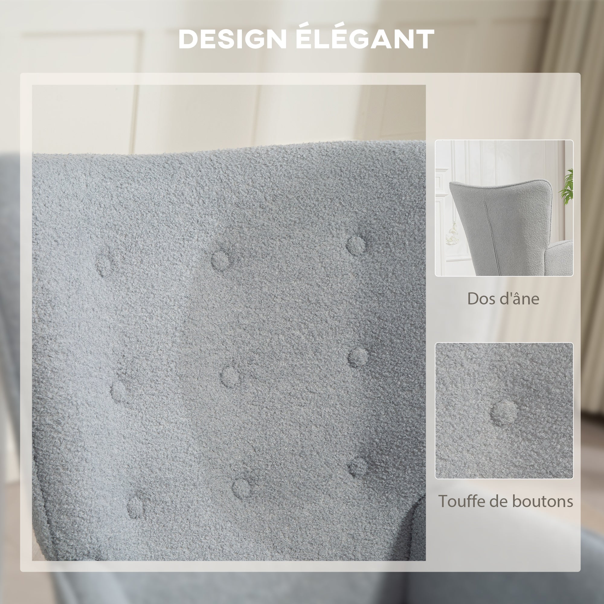 Boucle Fabric Lounge Chair, Modern Upholstered Armchair with Wooden Legs, Ergonomic Backrest and Armrests, for Dining Room, Living Room, Bedroom, Office, Light Gray