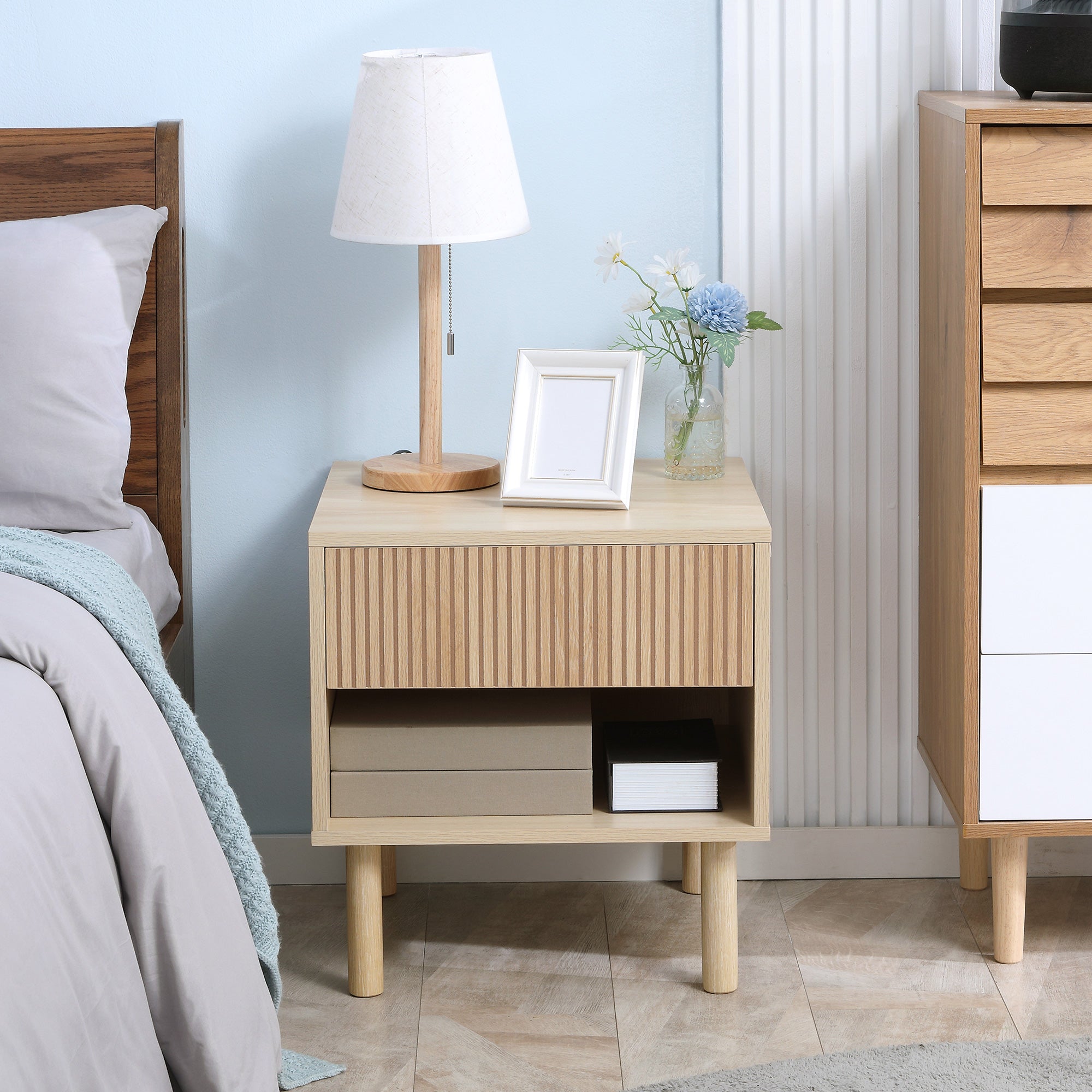 Bedside Table Nightstand with Drawers and Shelves, Modern Style Side Table for Bedroom, Living Room, 47 x 47 x 50 cm, Natural Wood Finish