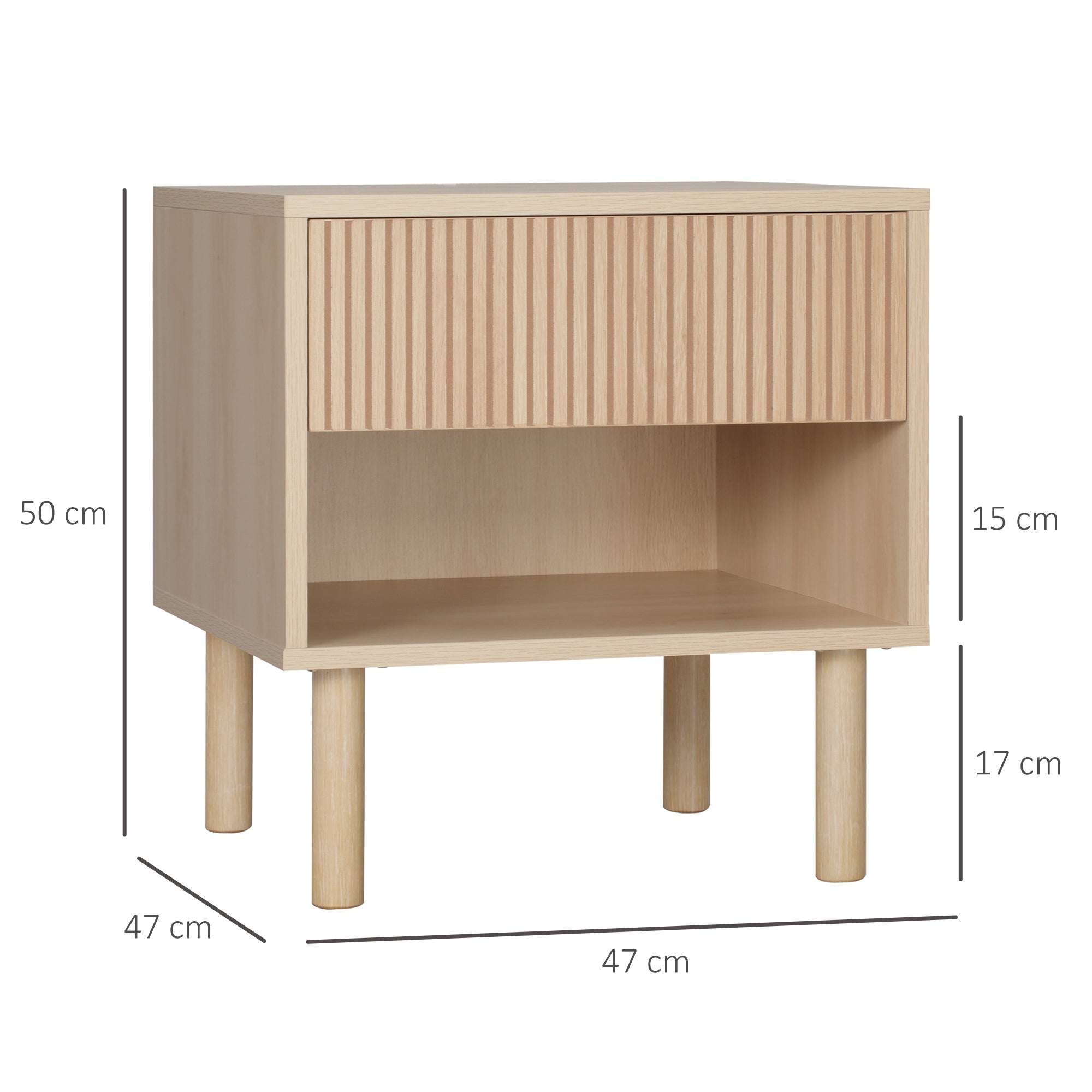 Bedside Table Nightstand with Drawers and Shelves, Modern Style Side Table for Bedroom, Living Room, 47 x 47 x 50 cm, Natural Wood Finish
