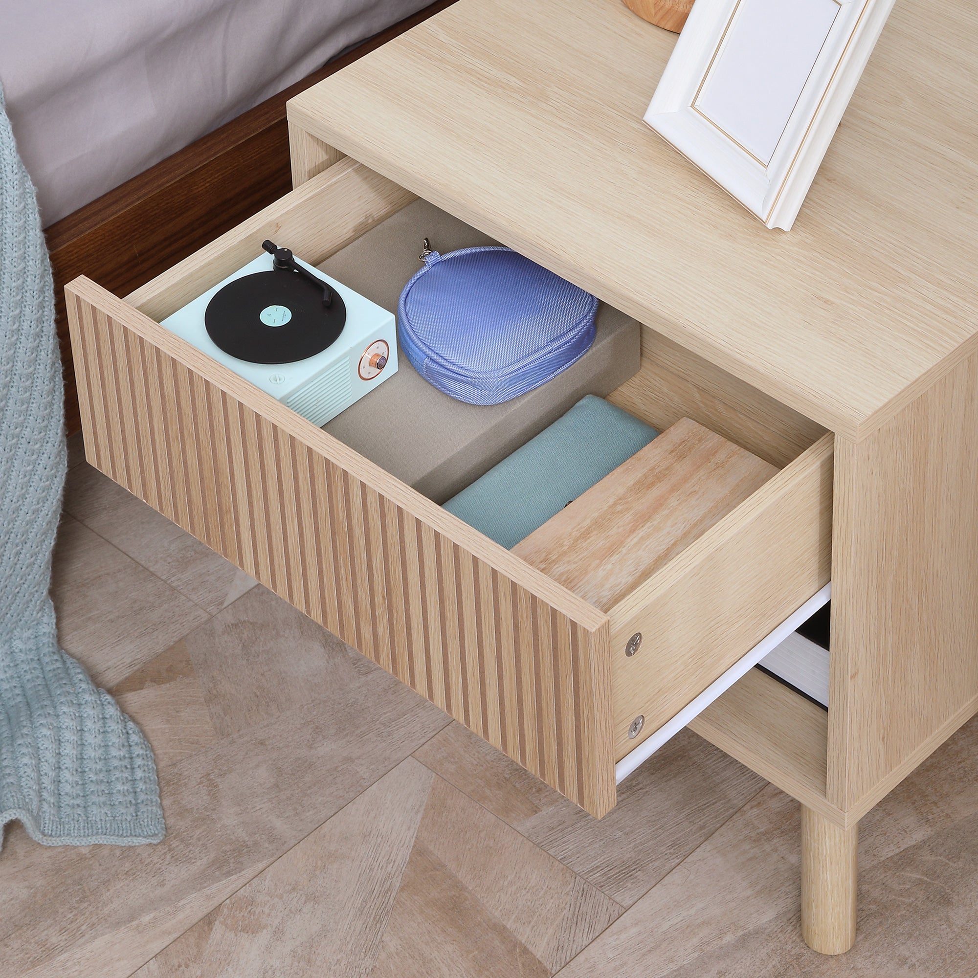 Bedside Table Nightstand with Drawers and Shelves, Modern Style Side Table for Bedroom, Living Room, 47 x 47 x 50 cm, Natural Wood Finish