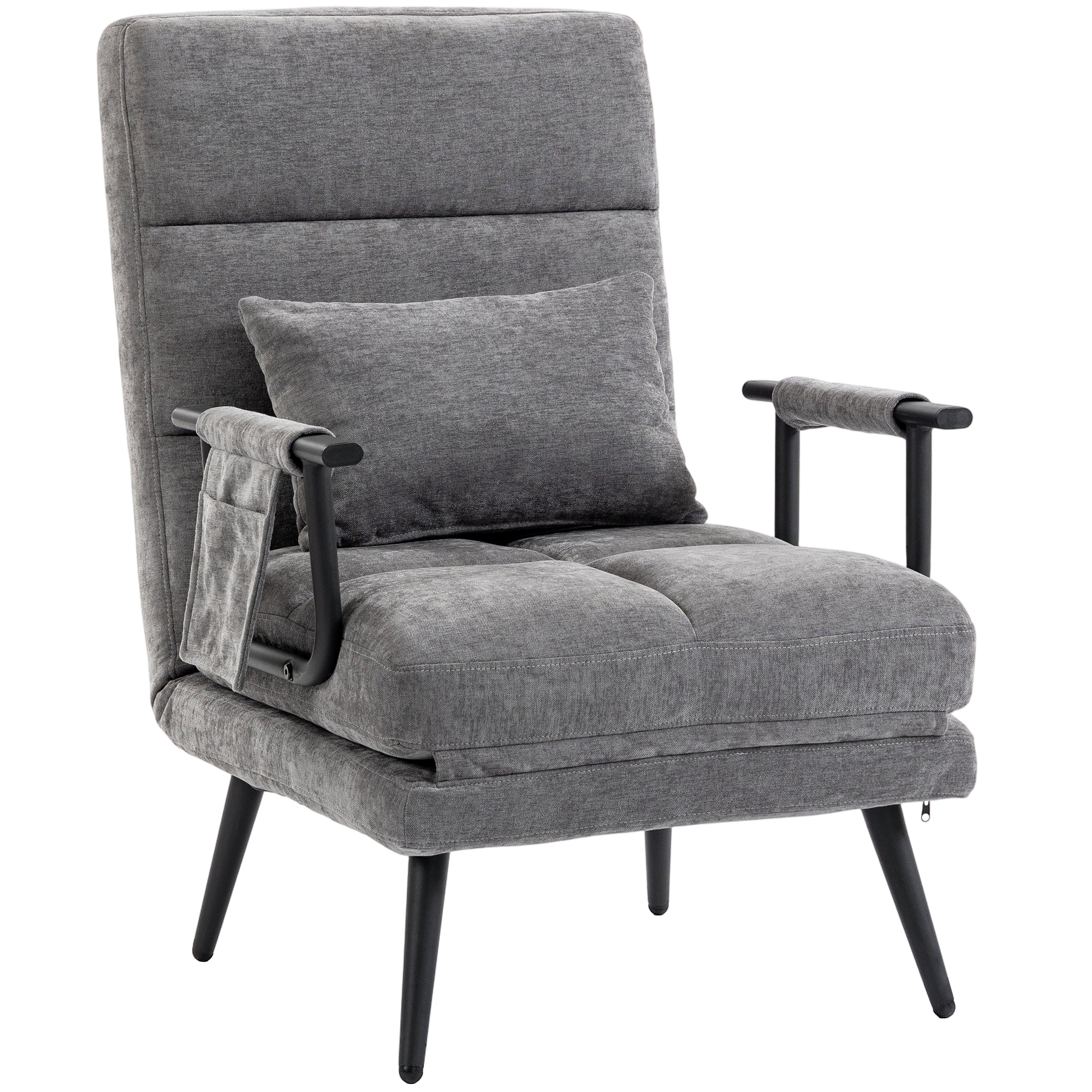 Sleeper Chair — 3-in-1 Foldable Chenille Chair with Click-Clack Backrest, Metal Frame & Pillow, Gray
