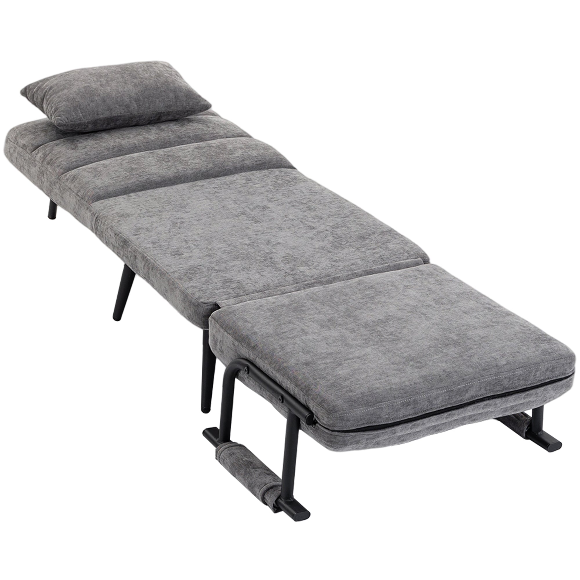 Sleeper Chair — 3-in-1 Foldable Chenille Chair with Click-Clack Backrest, Metal Frame & Pillow, Gray