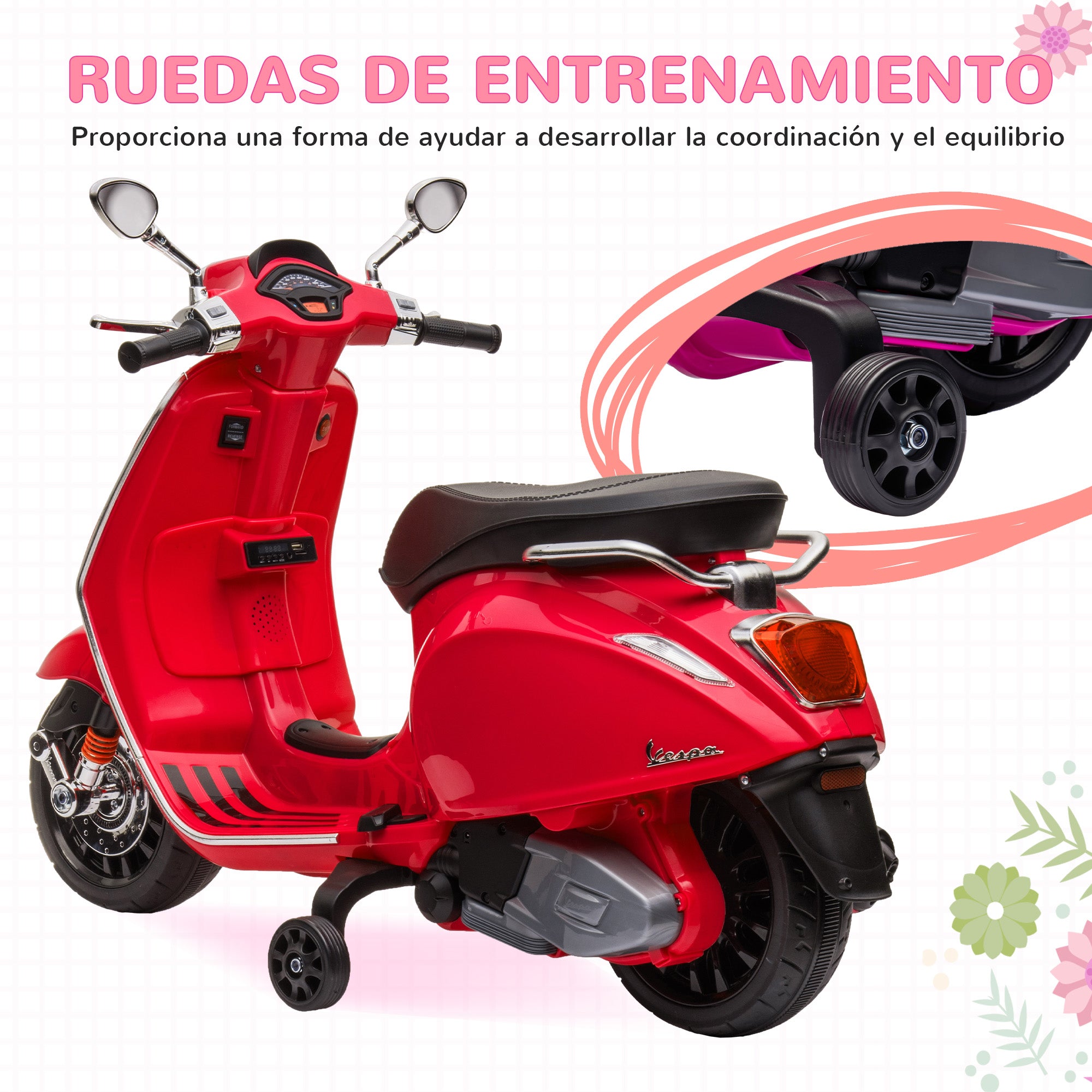 Electric Motorbike for Kids +3 Years Licensed Vespa Battery-Powered Motorcycle for Kids 6V with USB MP3 LED Light FM Radio Speed 3 km/h Load 35 kg Red