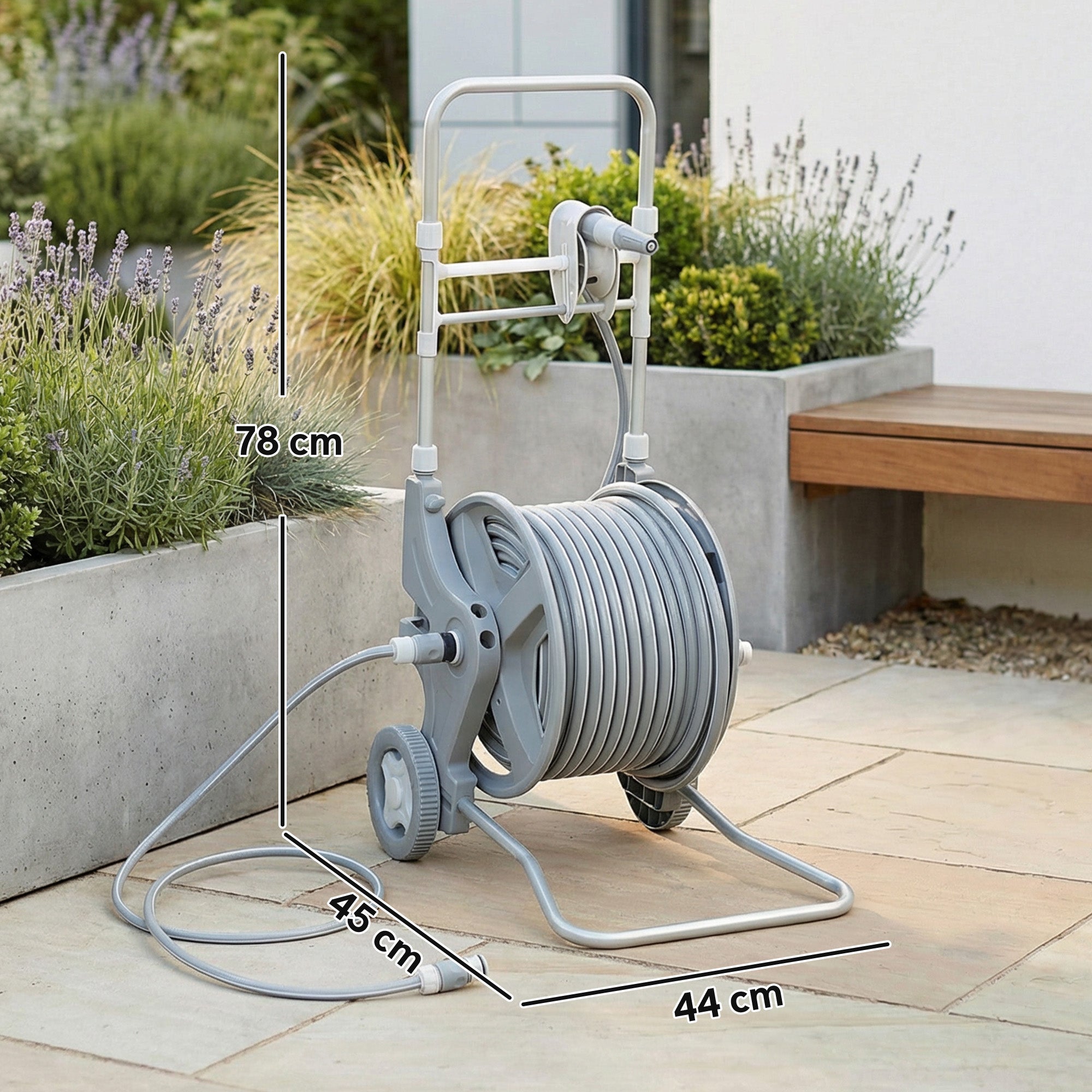 Hose Reel Cart with 148 ft Hose, 2-Mode Spray Nozzle, Faucet Adapter, Hose Guide & Crank — Garden Hose Reel for Yard & Balcony, 17.7 x 17.3 x 30.7 in, Gray
