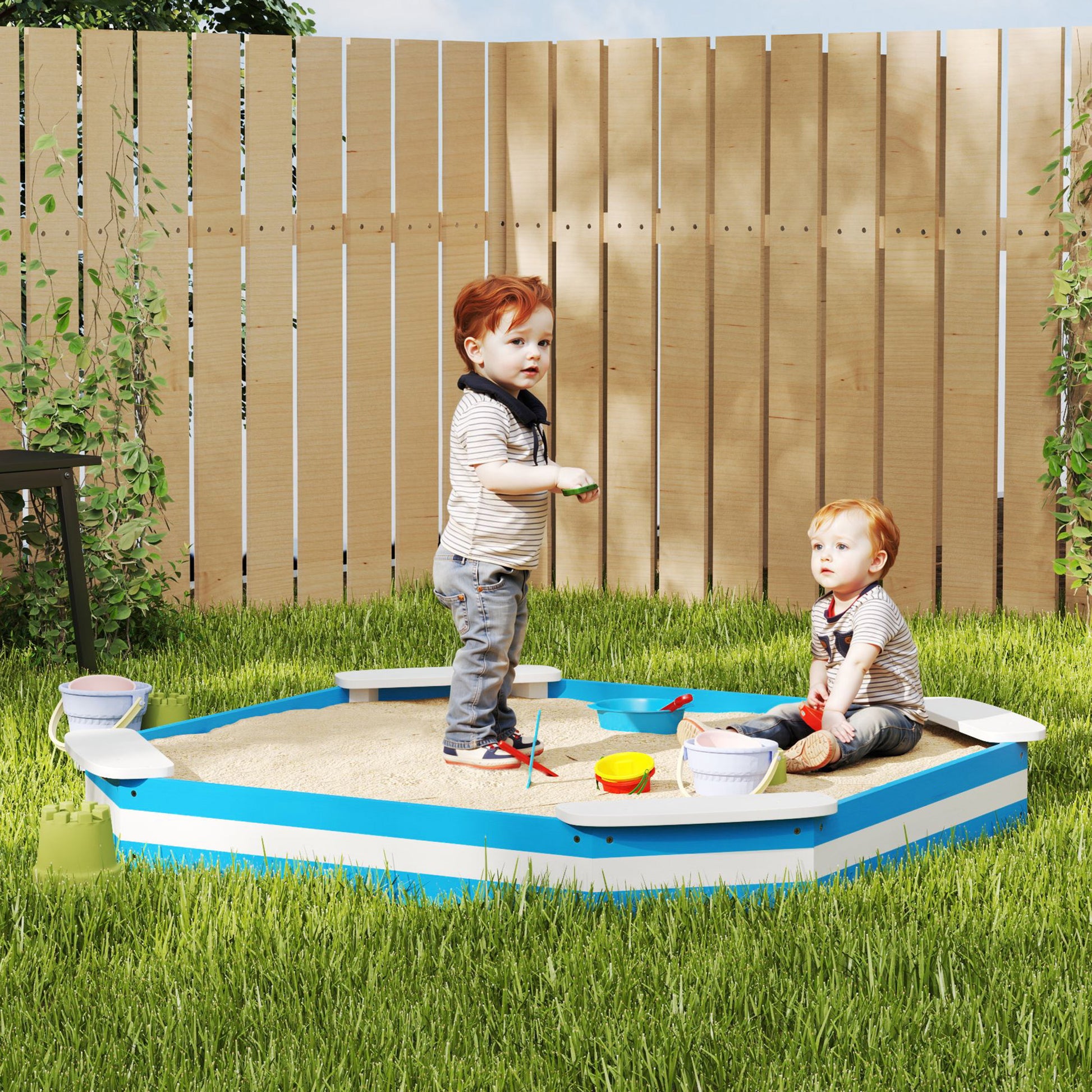 Sandbox 133 x 108 cm Wooden Sandpit with Bench, Groundsheet for 4 Kids 3-7 Years Blue