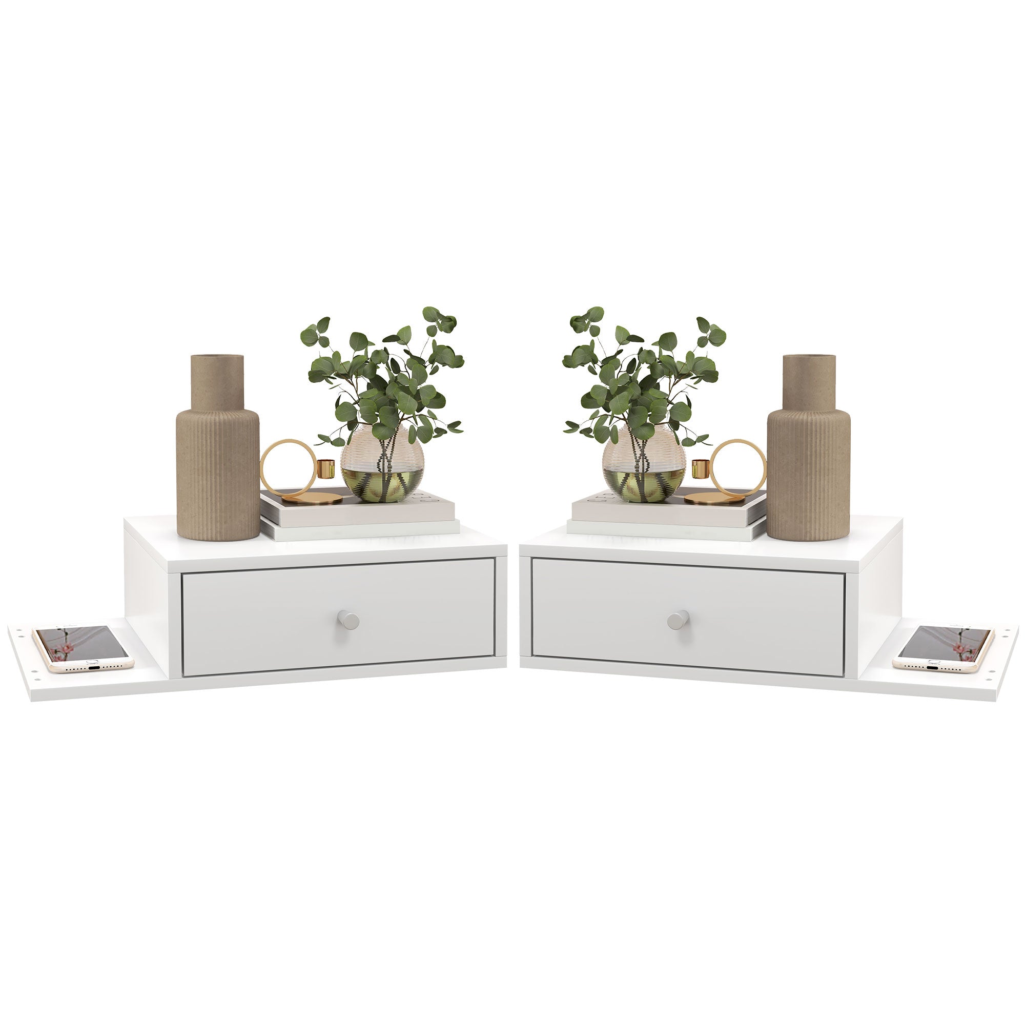 Set of 2 Wall-Mounted Bedside Tables - Set of 2 Nightstands - Side Shelf and Drawer - 55L x 30W x 15H cm - White Wood