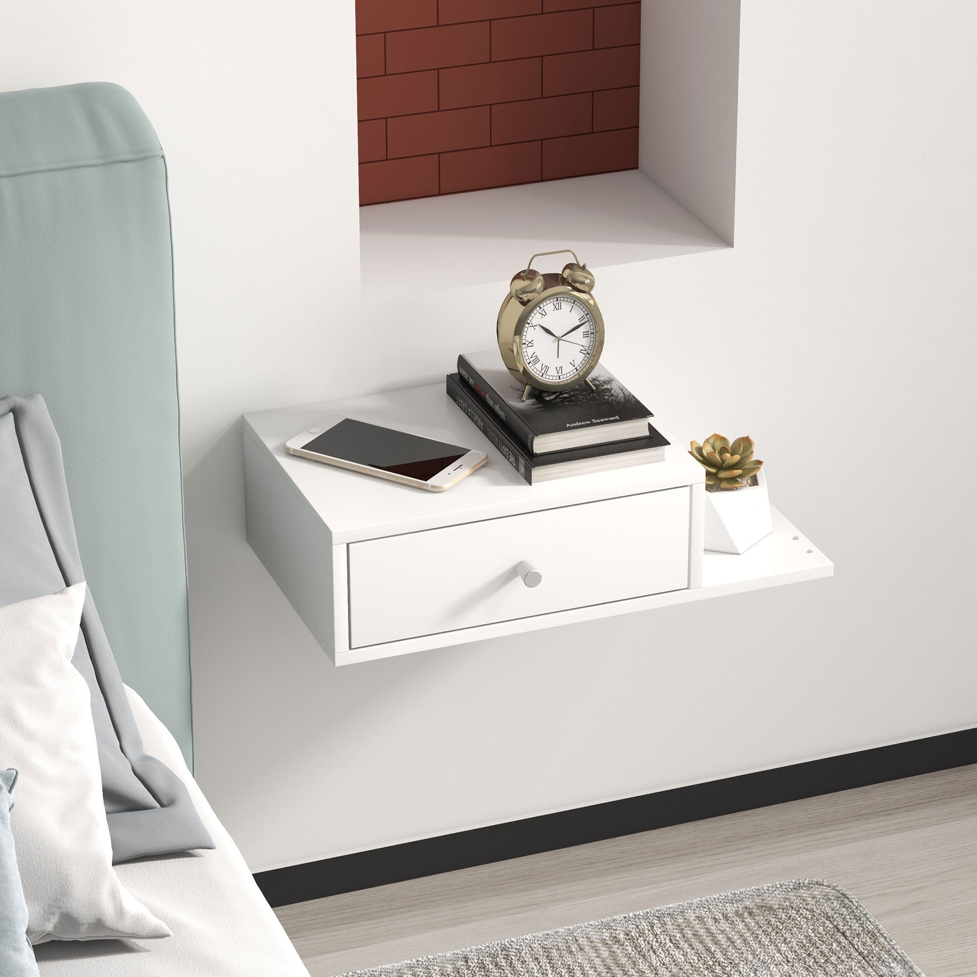 Set of 2 Wall-Mounted Bedside Tables - Set of 2 Nightstands - Side Shelf and Drawer - 55L x 30W x 15H cm - White Wood