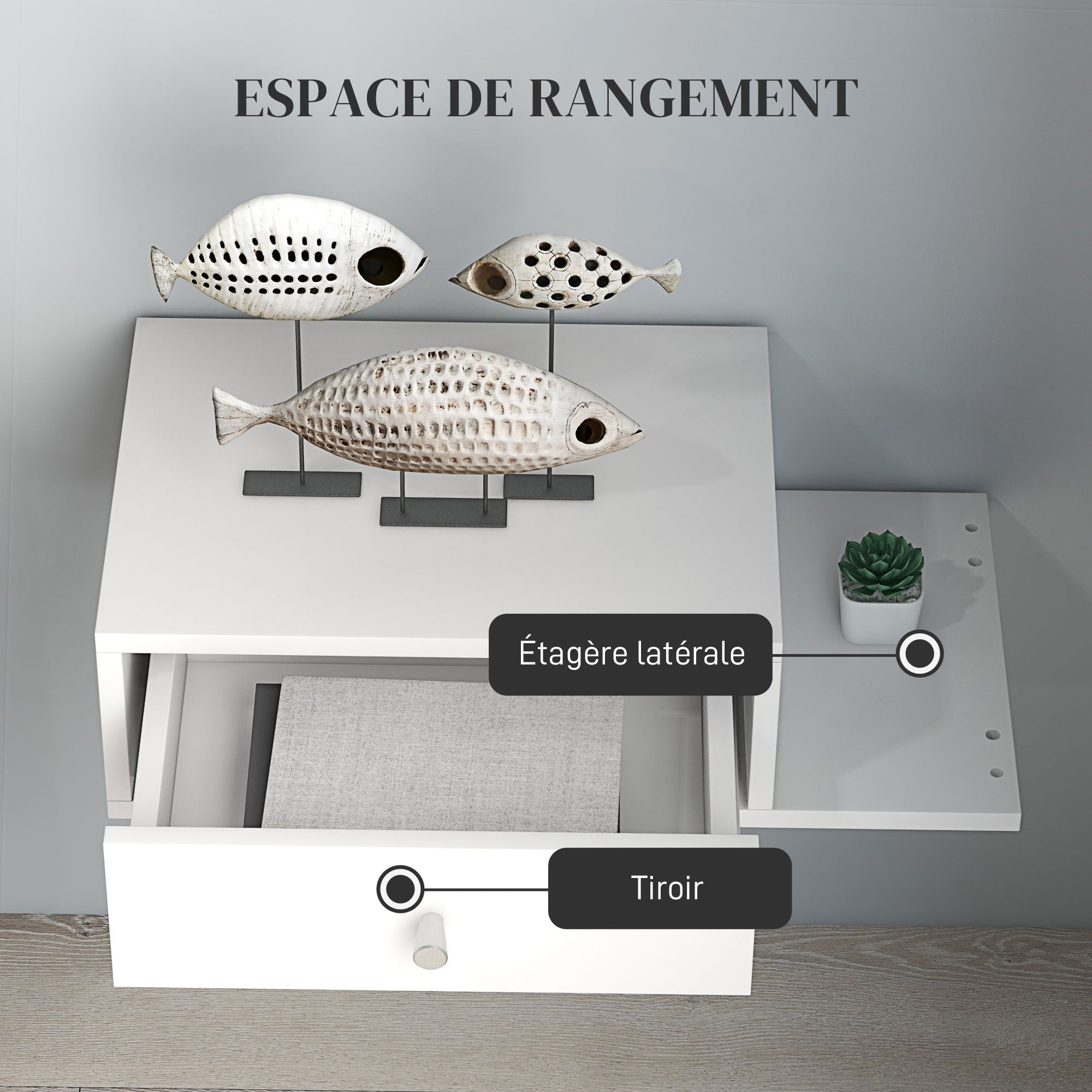 Set of 2 Wall-Mounted Bedside Tables - Set of 2 Nightstands - Side Shelf and Drawer - 55L x 30W x 15H cm - White Wood