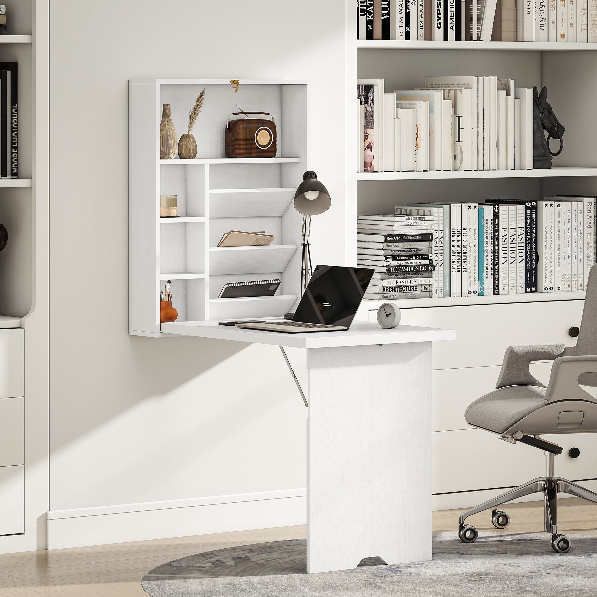 Wall-Mounted Folding Desk with Storage Shelves, Foldable Table, Space-Saving Solution for Living Room, Dining Room, Small Space, White
