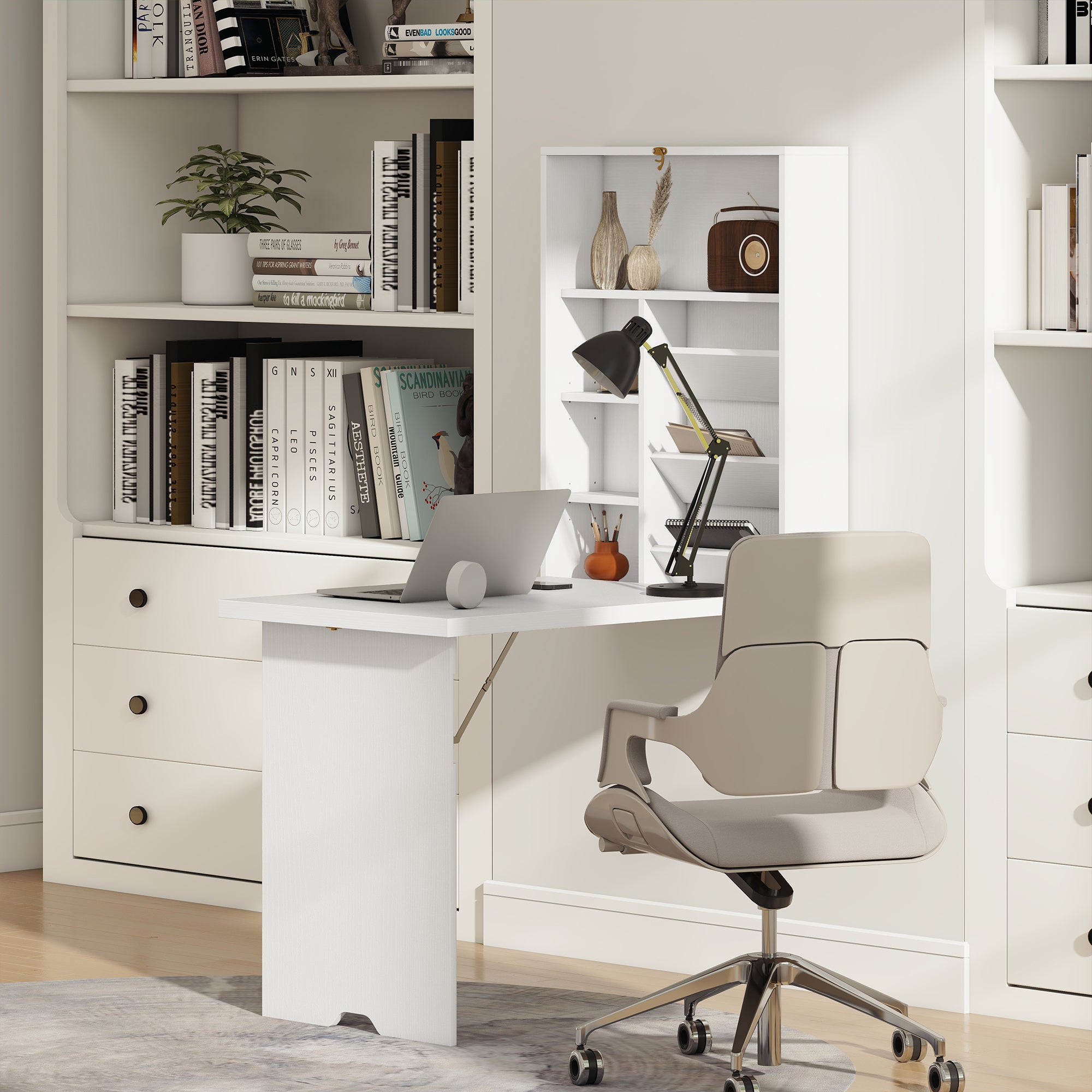 Wall-Mounted Folding Desk with Storage Shelves, Foldable Table, Space-Saving Solution for Living Room, Dining Room, Small Space, White