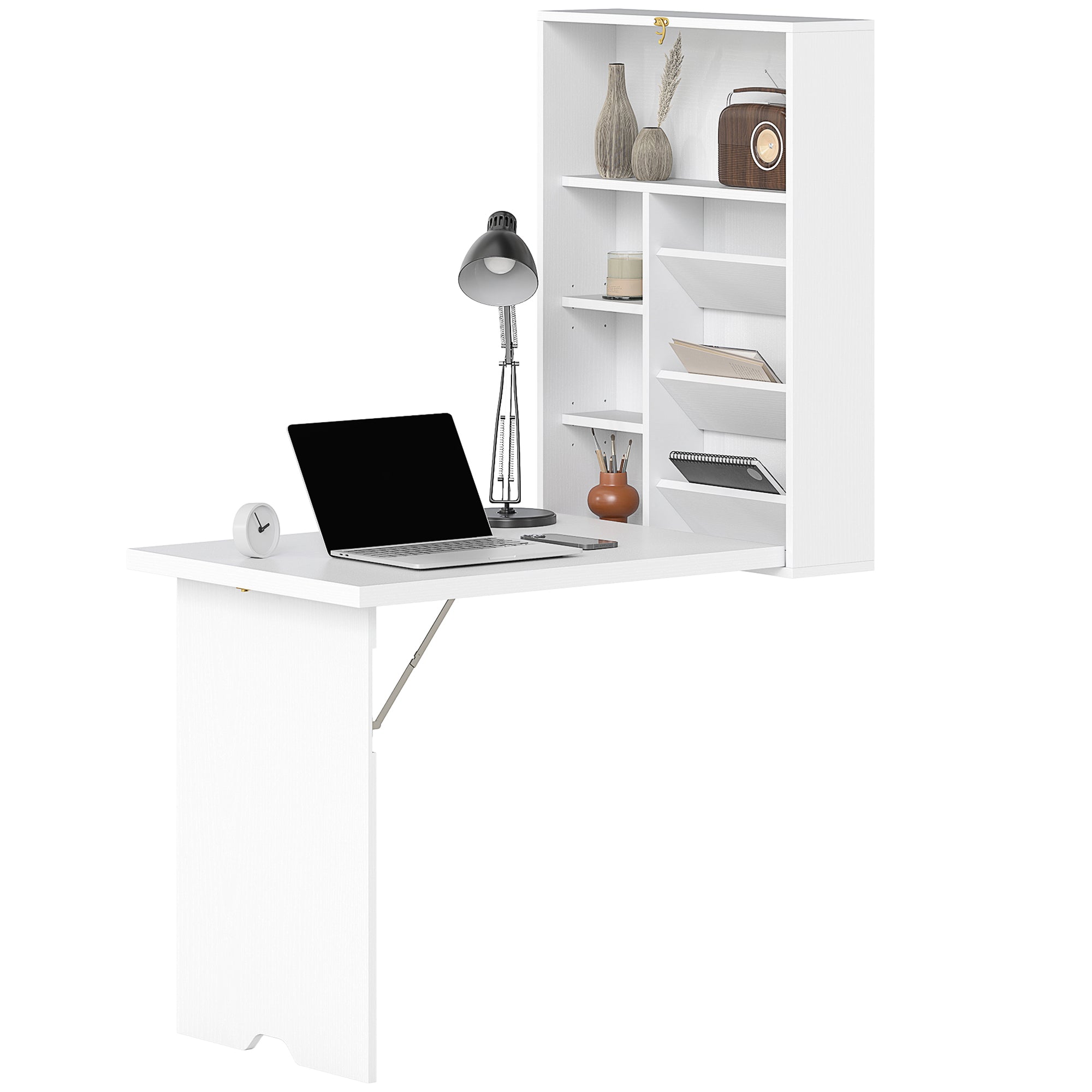 Wall-Mounted Folding Desk with Storage Shelves, Foldable Table, Space-Saving Solution for Living Room, Dining Room, Small Space, White