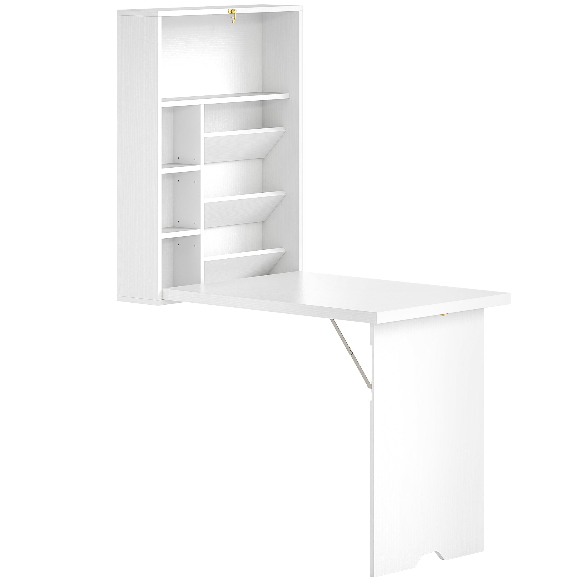 Wall-Mounted Folding Desk with Storage Shelves, Foldable Table, Space-Saving Solution for Living Room, Dining Room, Small Space, White