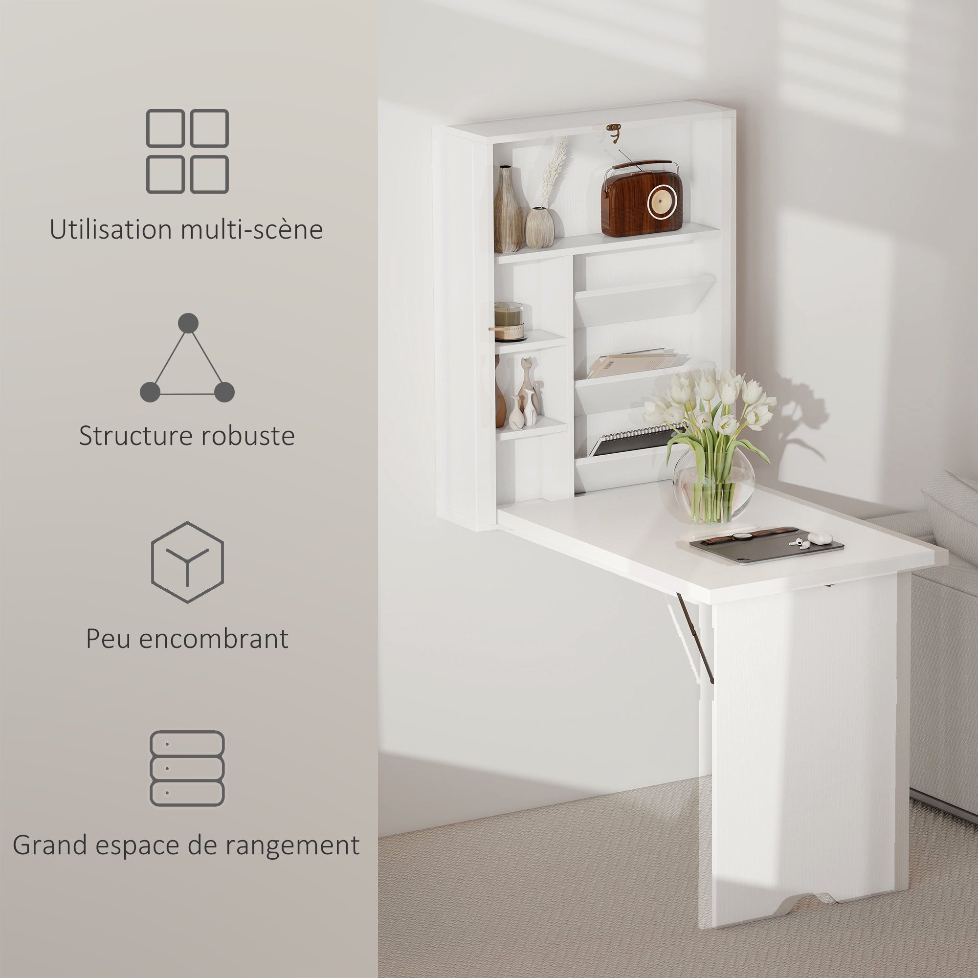 Wall-Mounted Folding Desk with Storage Shelves, Foldable Table, Space-Saving Solution for Living Room, Dining Room, Small Space, White