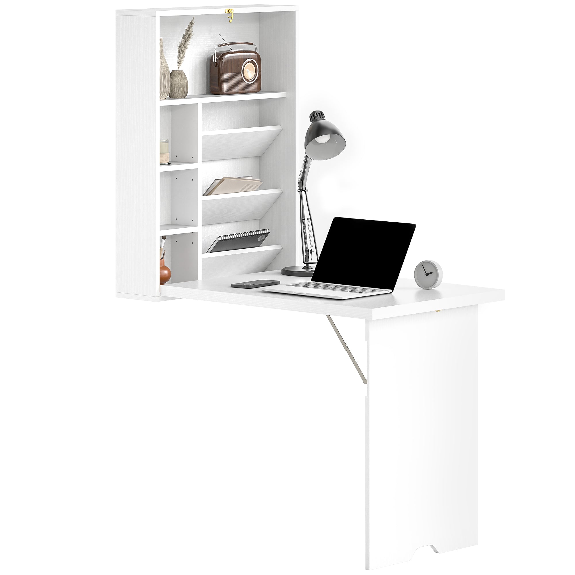 Wall-Mounted Folding Desk with Storage Shelves, Foldable Table, Space-Saving Solution for Living Room, Dining Room, Small Space, White