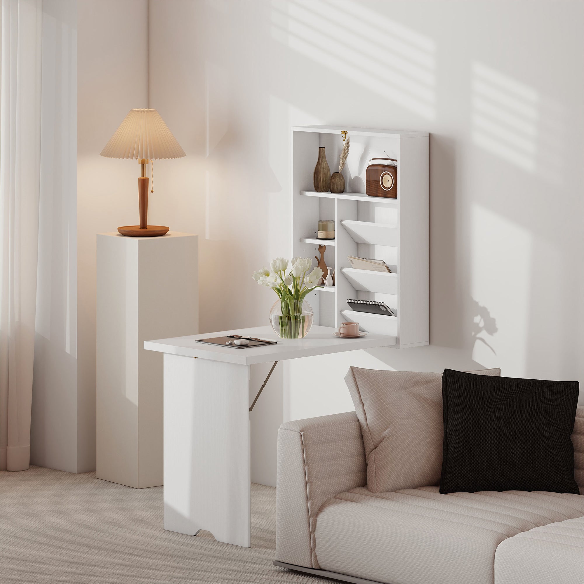 Wall-Mounted Folding Desk with Storage Shelves, Foldable Table, Space-Saving Solution for Living Room, Dining Room, Small Space, White
