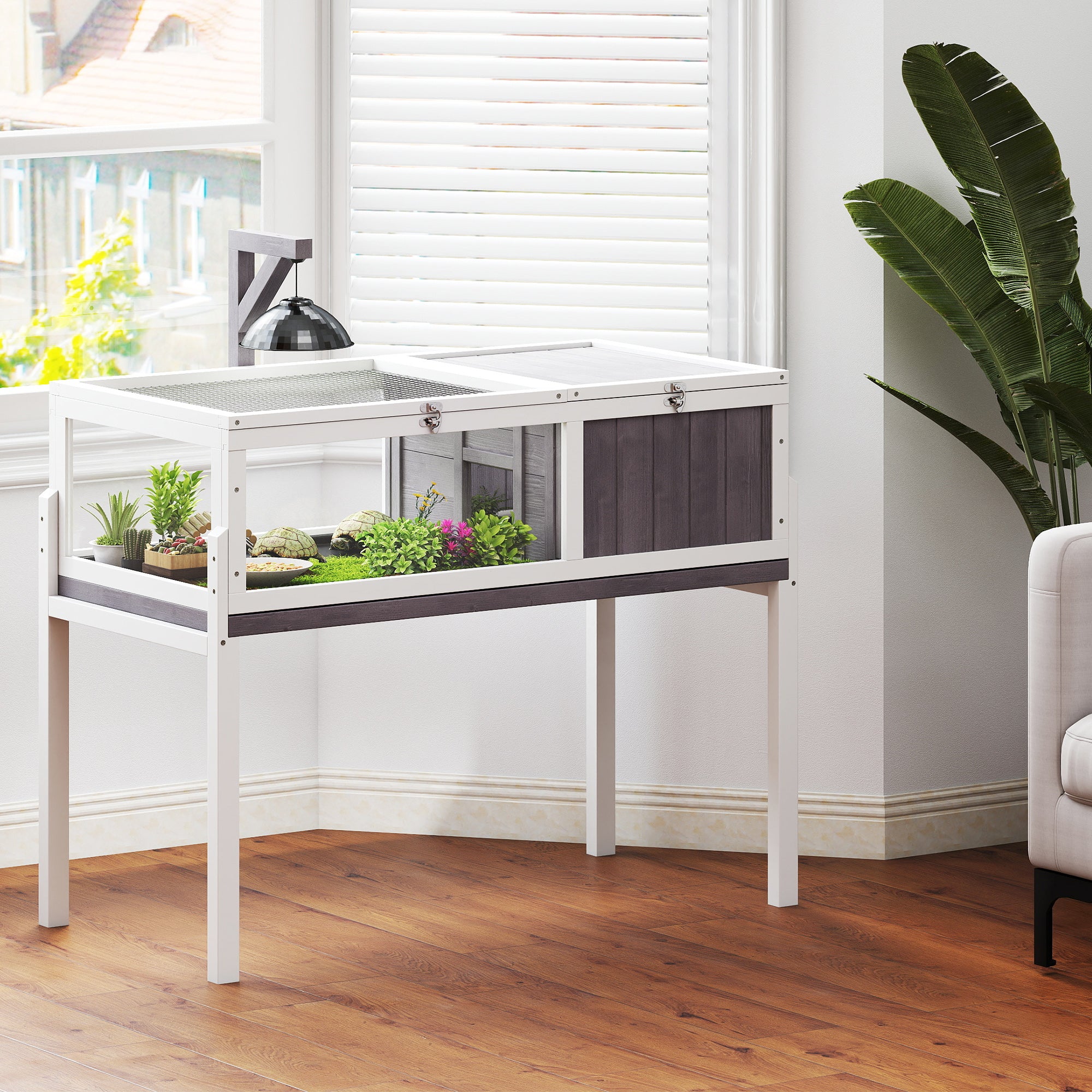 Elevated Wooden Turtle Hutch — Indoor/Outdoor 2-Zone Enclosure with Lamp Holder, Hinged Roof, Sliding Tray & Feeding Bowl — 104 x 53 x 82 cm (41 x 21 x 32 in) — Gray