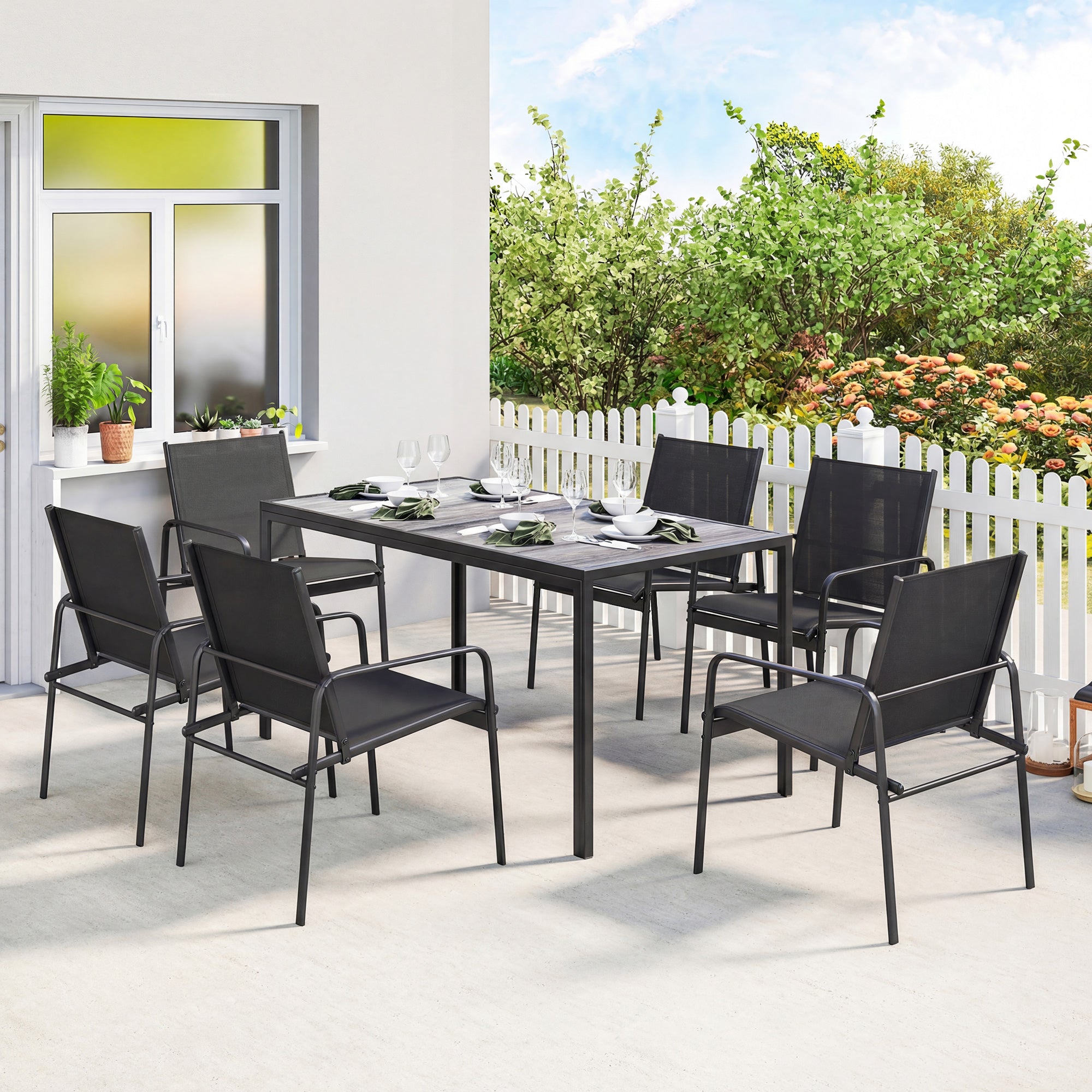 7-Piece Outdoor Dining Set – Wood-Effect Table & 6 Breathable Mesh Chairs, Galvanized Steel Frame, Black