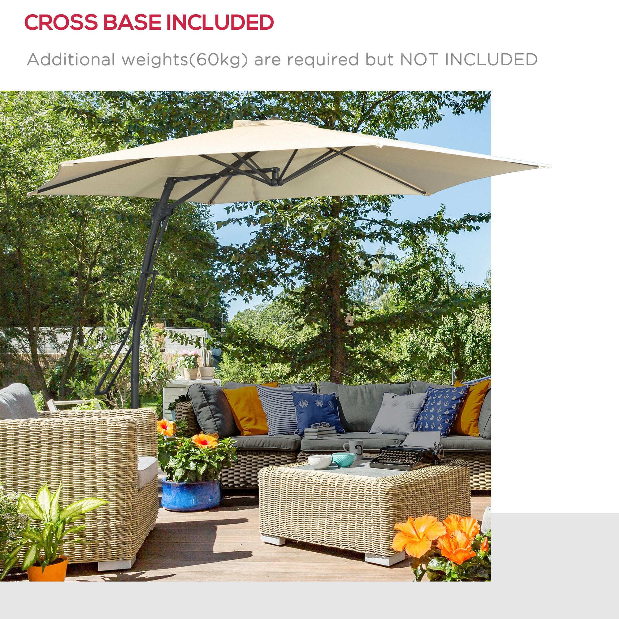 Offset Patio Umbrella Ø293 cm (9.6 ft) with Crank, Cross Base — Water-Resistant, Wind-Resistant, UV Protection, Cream