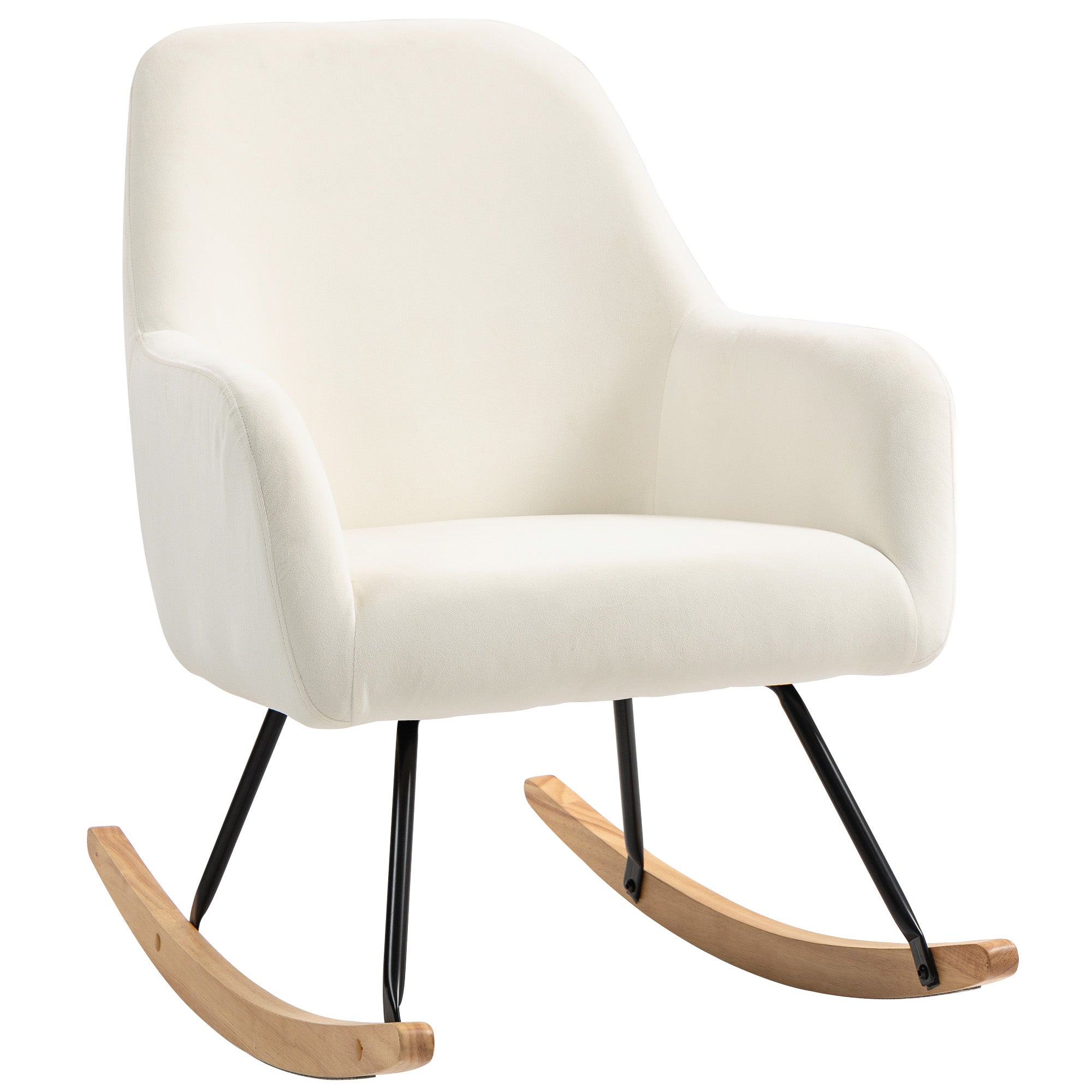 Rocking Chair Rocking Armchair with Armrest, Wooden Rockers, Recliner Chair, Chair with Velvet Look Rocking Chair for Bedroom, Living Room, Balcony Cream White