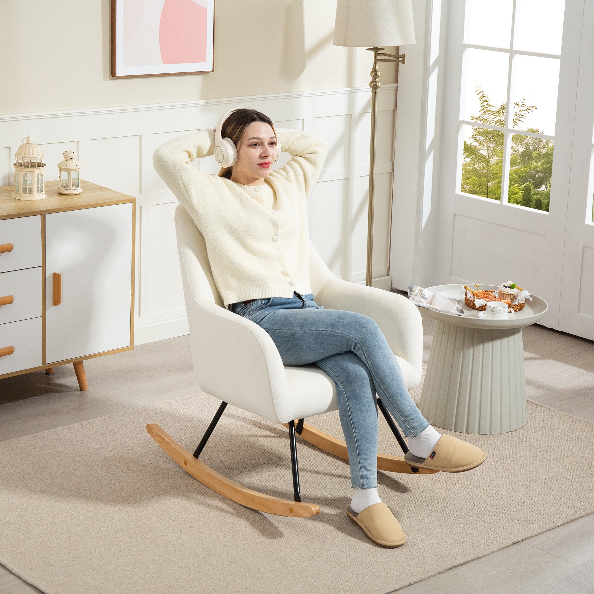 Rocking Chair Rocking Armchair with Armrest, Wooden Rockers, Recliner Chair, Chair with Velvet Look Rocking Chair for Bedroom, Living Room, Balcony Cream White