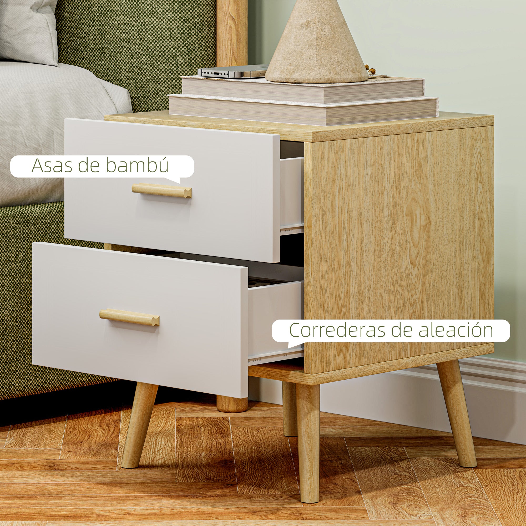 Set of 2 Bedside Tables Nightstands for Bedroom with Drawers and Bamboo Handles Side Tables for Living Room Oak