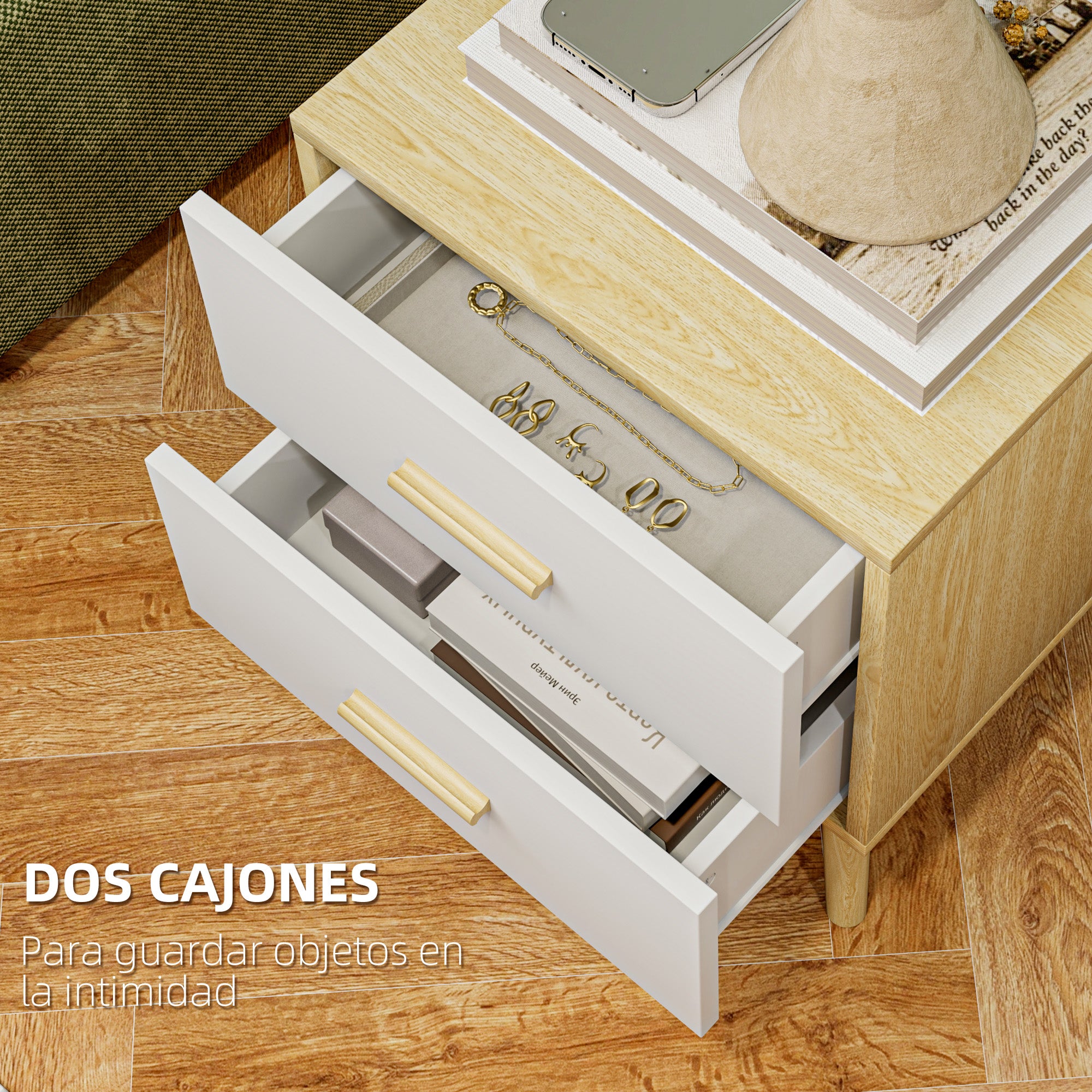 Set of 2 Bedside Tables Nightstands for Bedroom with Drawers and Bamboo Handles Side Tables for Living Room Oak