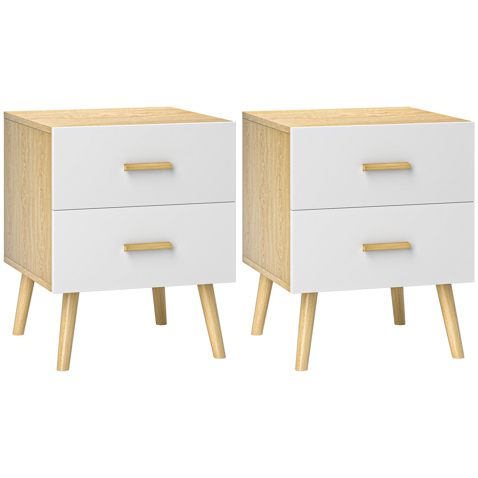 Set of 2 Bedside Tables Nightstands for Bedroom with Drawers and Bamboo Handles Side Tables for Living Room Oak