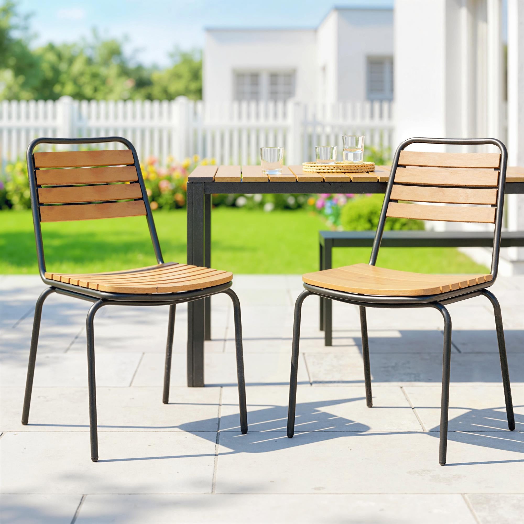 2-Pack Weatherproof Garden Chairs — Steel Frame & Eucalyptus Wood, Stackable, 352 lb Capacity, Natural Wood