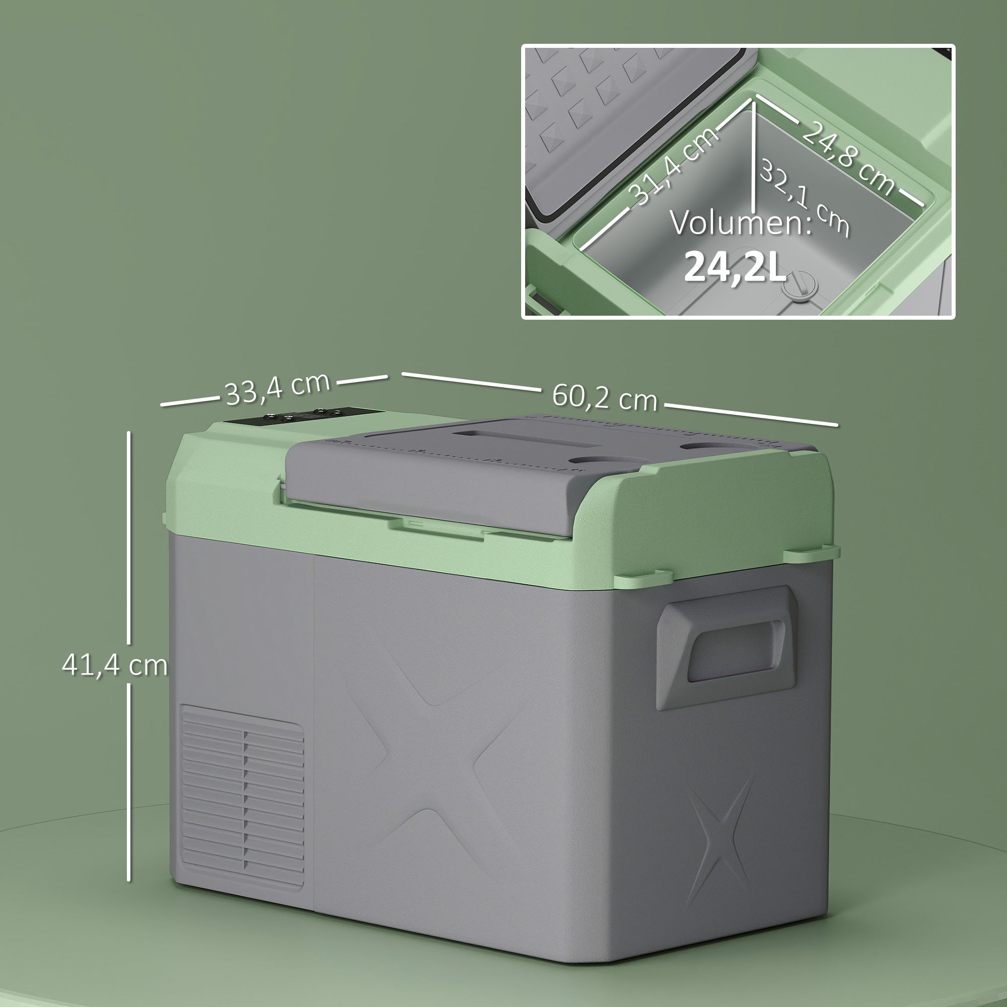 24.2 Liter Compressor Cooler electric Cooler with LED ECO Mode Cooling Function Silent Freezer Box Thermal Box Mini Fridge 12/220 Volt for Car Socket Truck Camping Boat Gray+Green