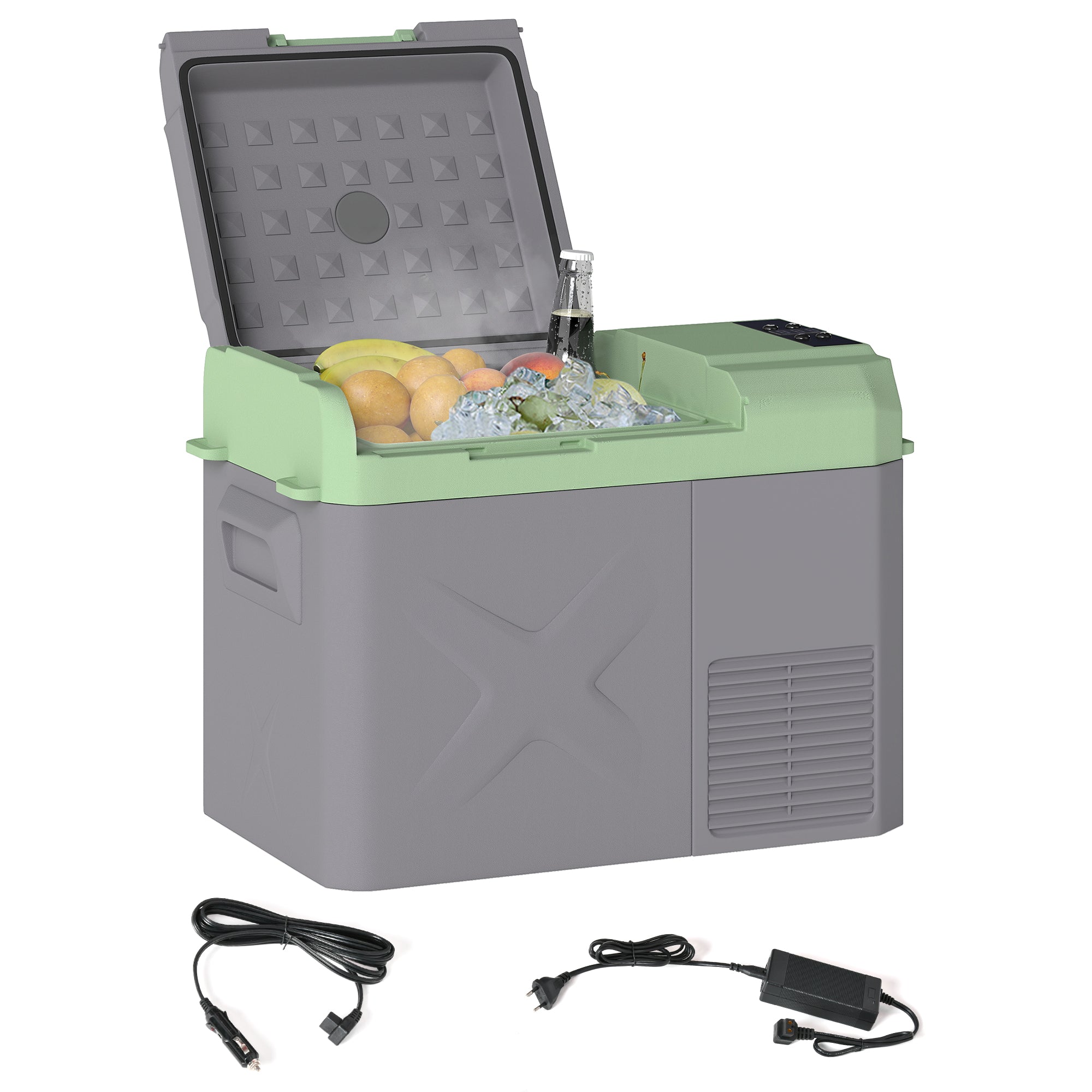 24.2 Liter Compressor Cooler electric Cooler with LED ECO Mode Cooling Function Silent Freezer Box Thermal Box Mini Fridge 12/220 Volt for Car Socket Truck Camping Boat Gray+Green
