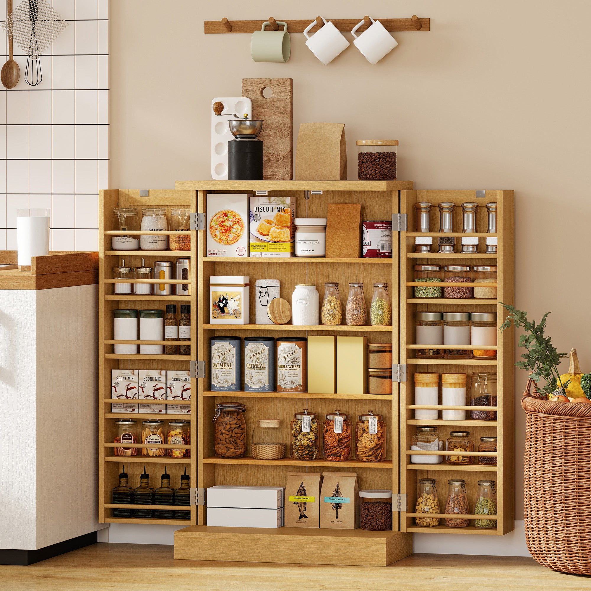 40.9" Kitchen Pantry Cabinet – Rattan Doors, 5-Tier Shelving, 12 Spice Slots & Adjustable Shelves, Natural