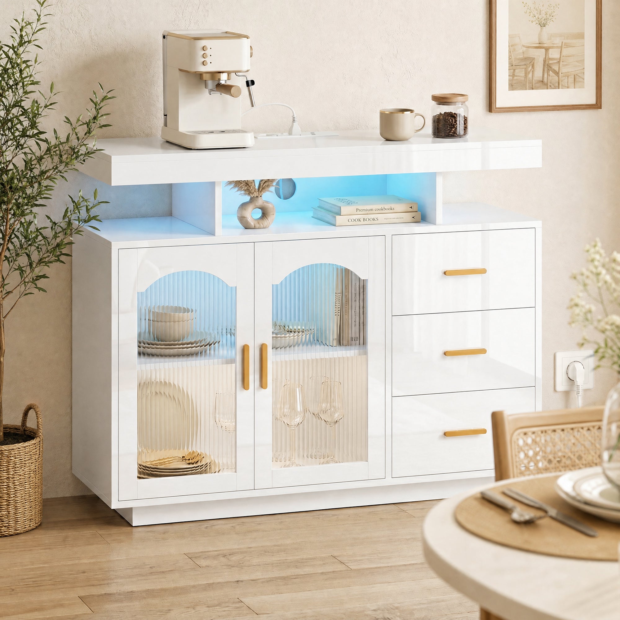 High-Gloss Sideboard with 7-Color RGB LED, Built-In AC Outlets & USB, 3 Drawers, Open Shelves, 2 Acrylic Doors, Soft-Close Hinges — Fits up to 72" TV, White (39.4" x 13.8" x 31.5")