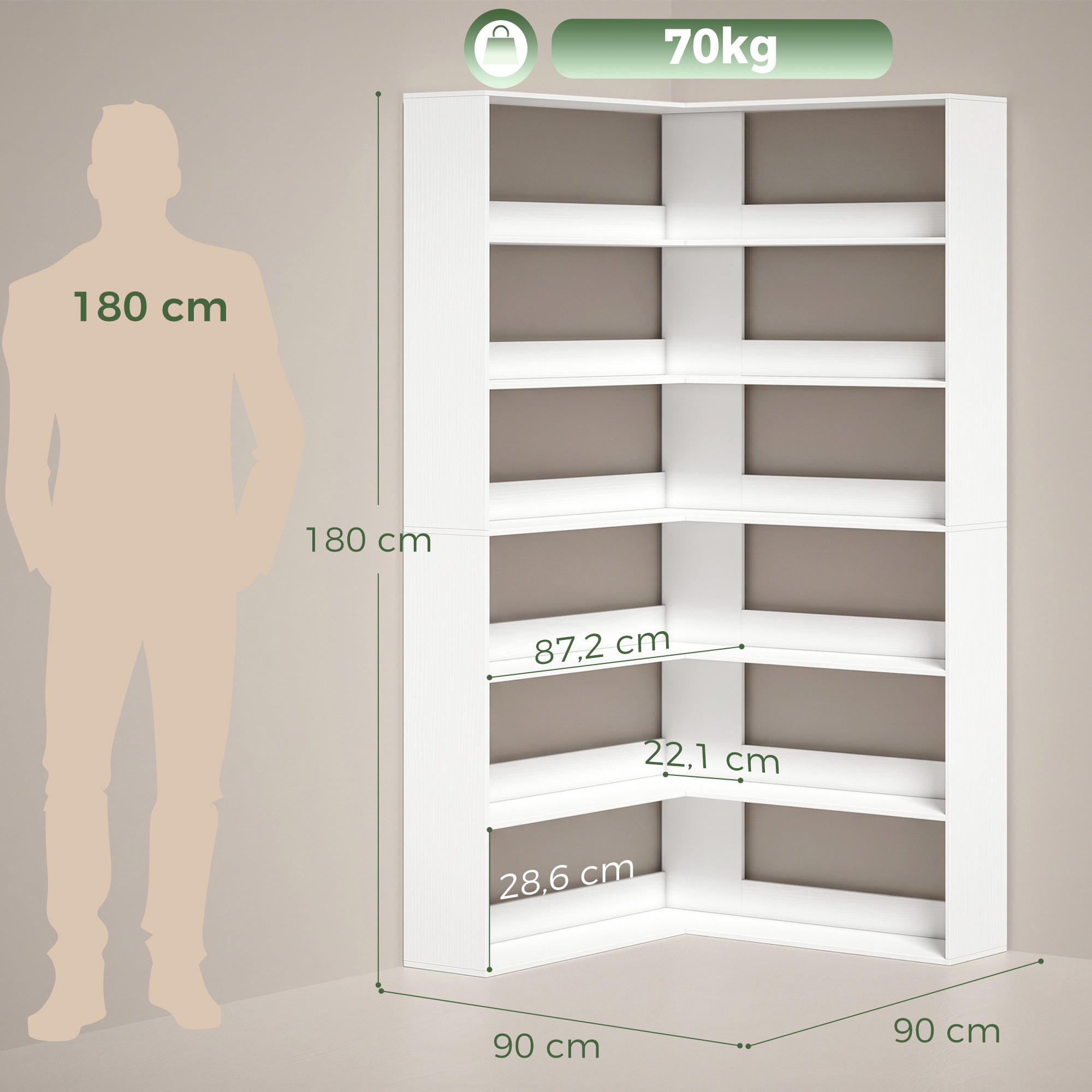 7-Tier L-Shaped Corner Bookcase, White Wood-Effect, Non-Slip 2.8 in Back Lip, 35.4 x 35.4 x 70.9 in
