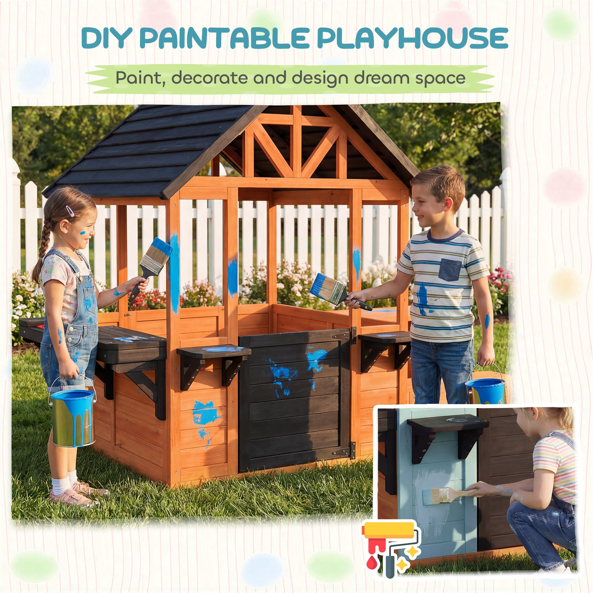Wooden Outdoor Playhouse for Kids — Table, Benches, Sink, Door, Window & Flower Boxes, Brown, 166.3 x 112.5 x 139.7 cm (65.5 x 44.3 x 55.0 in)