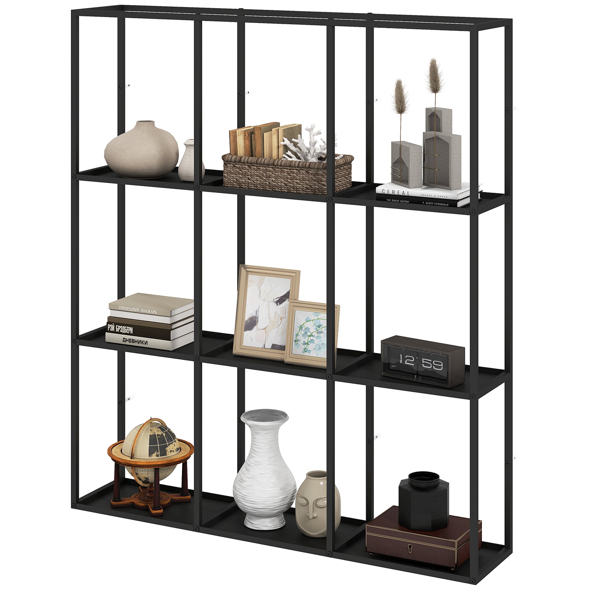 Industrial 9-Compartment Wall Shelf — Modular Metal Display Shelf for Collectibles & Home Decor, Black