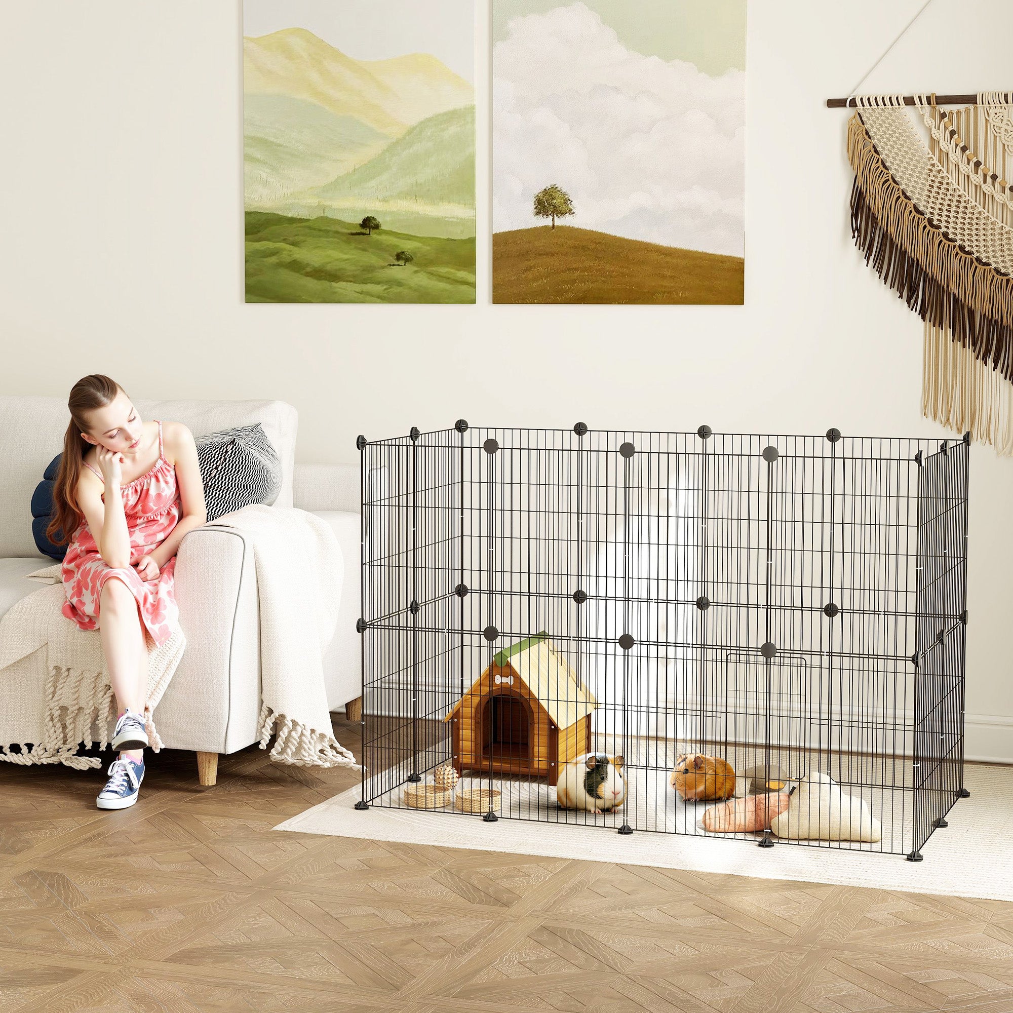 Outdoor Enclosure Small Animal Cage with Grid Door, Small Animal Cage for Guinea Pigs, Hamsters, Rabbits, 120 x 60 x 80 cm, Black